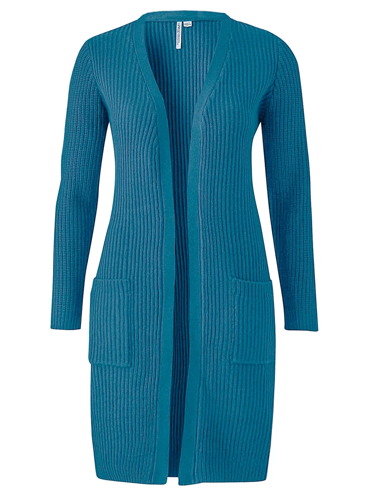 Ladies Teal Open Front Longline Fishermen Ribbed Patch Pocket Plus Size Cardigan