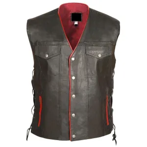 Leather Skin Mens Black Genuine Leather Vest with Red Lining