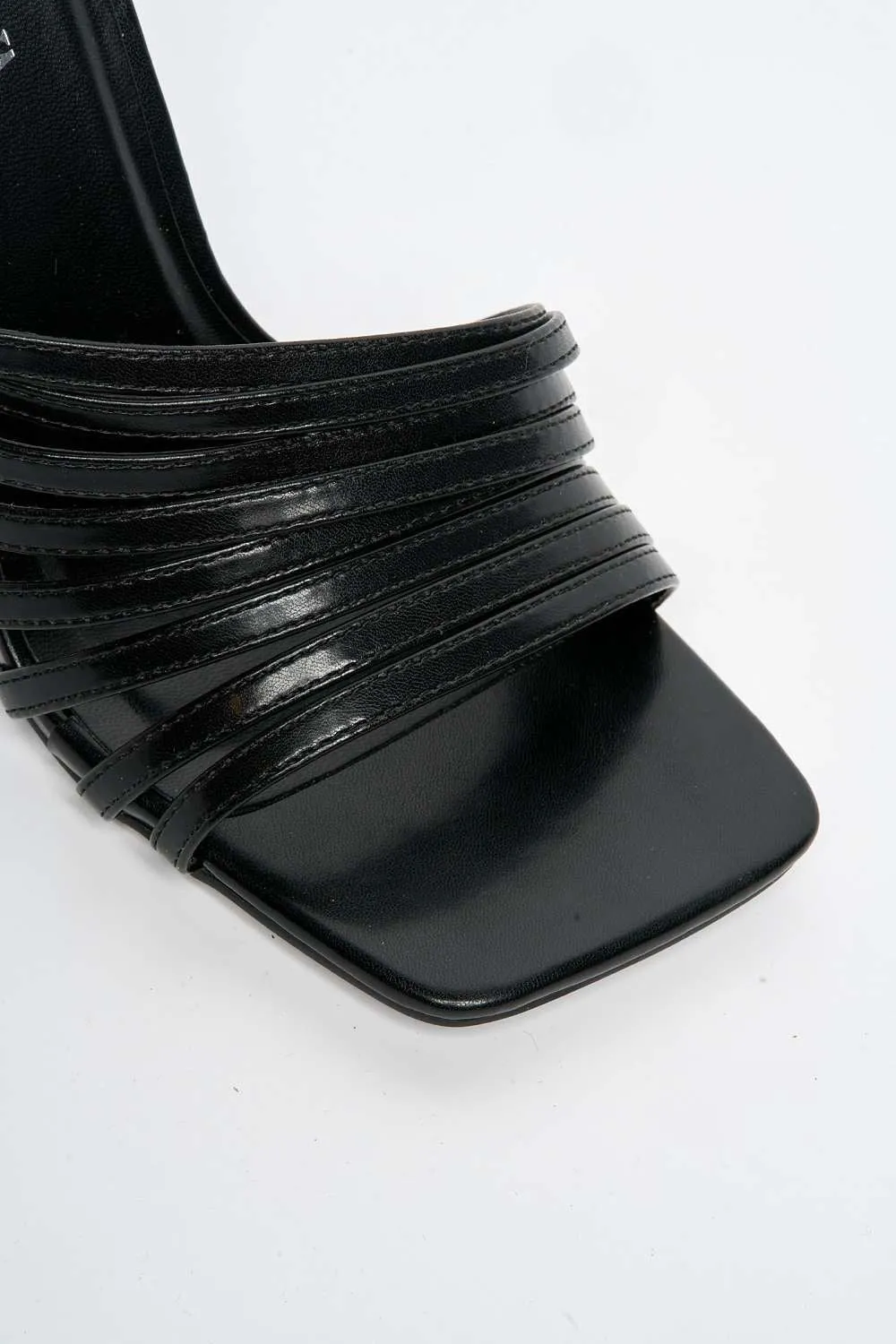 Leeza Square Toe Heeled Mules in Black Matt