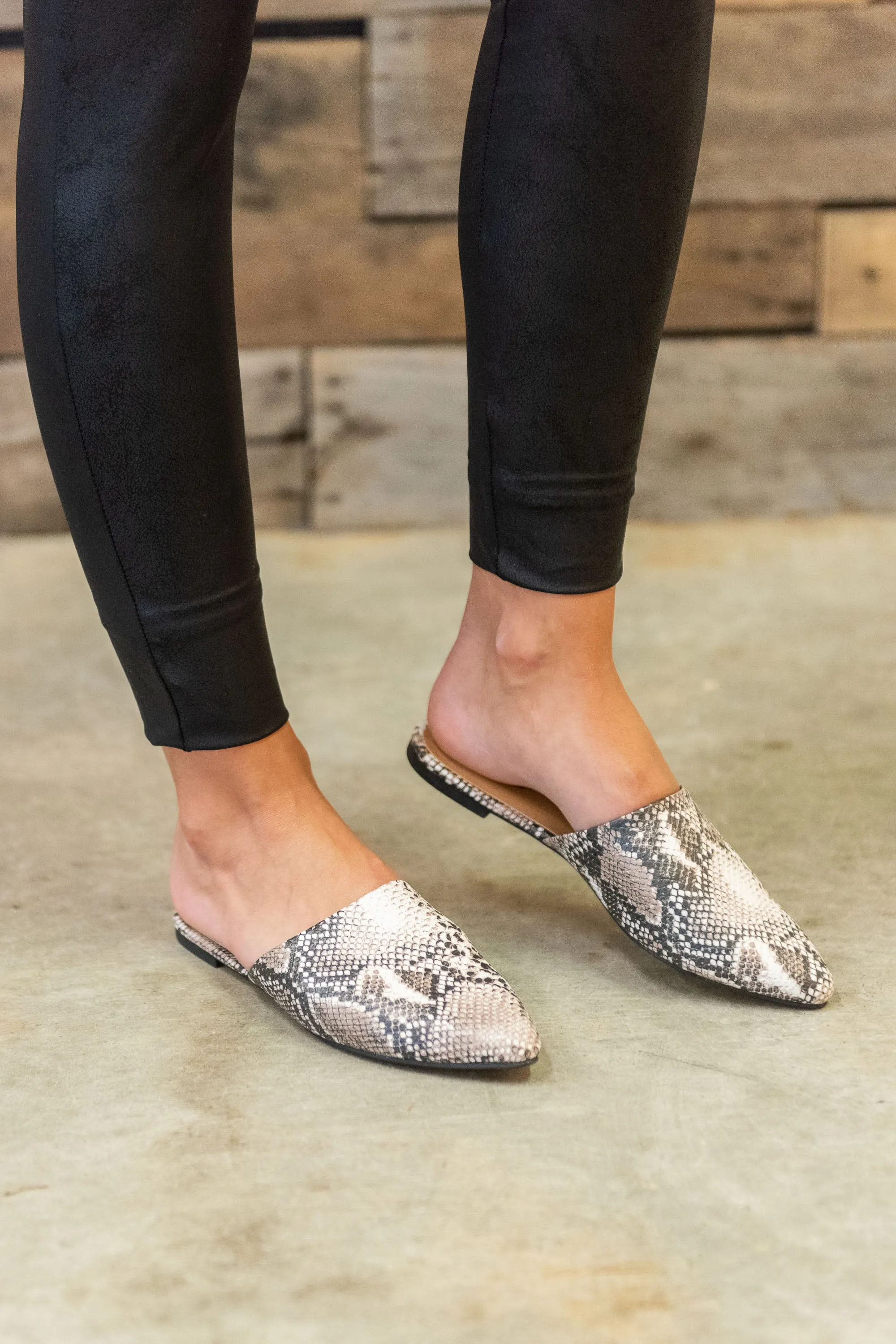 Making Moves Stone Gray Snake Flat Mules