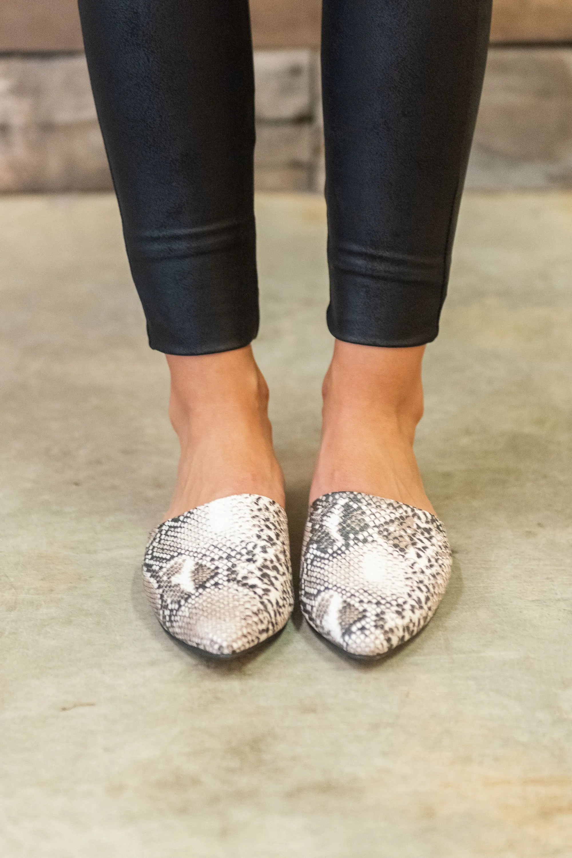 Making Moves Stone Gray Snake Flat Mules