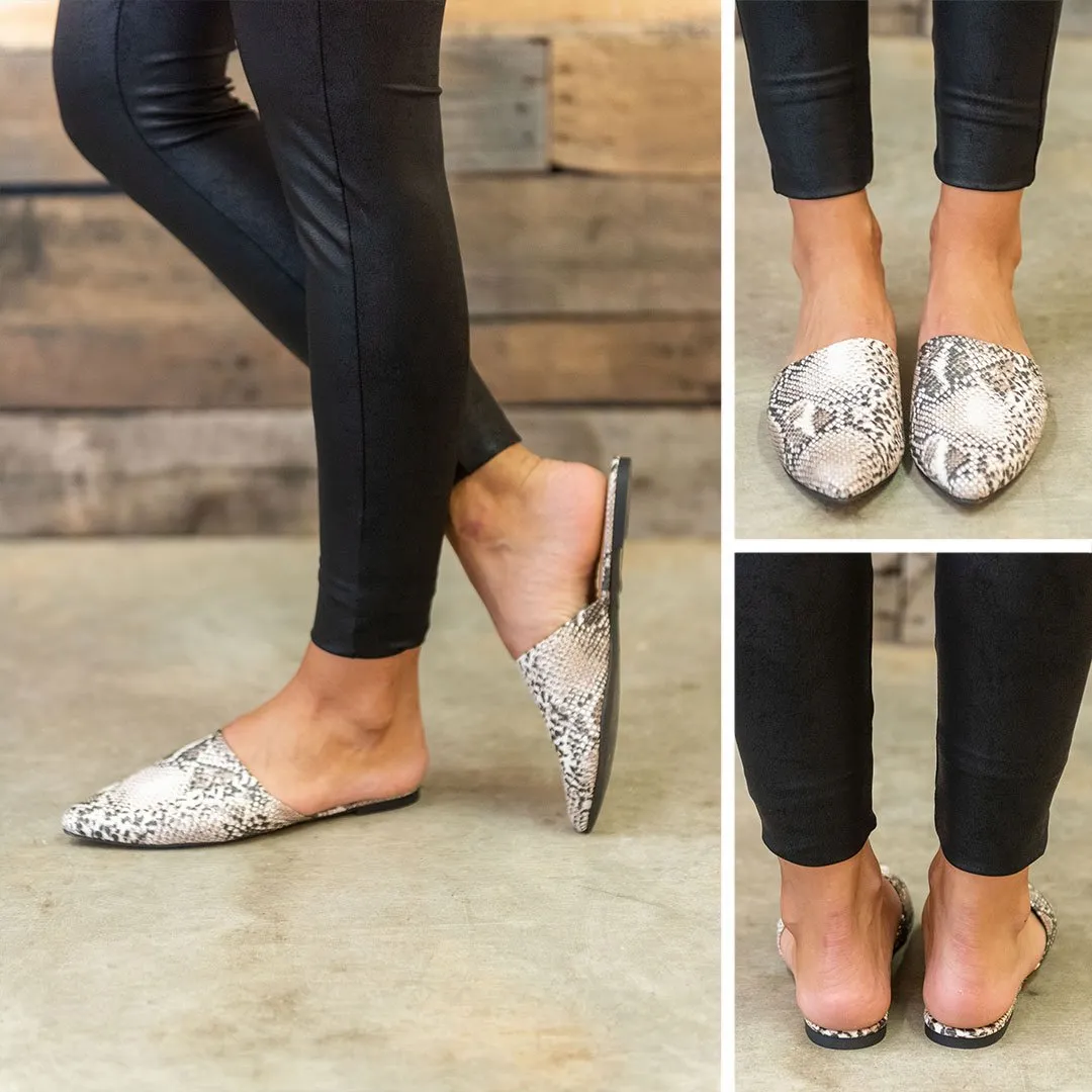 Making Moves Stone Gray Snake Flat Mules