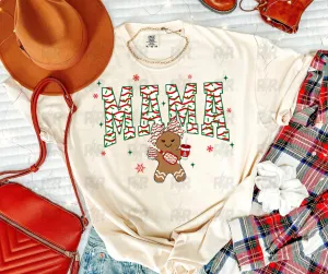 Mama Christmas Cake Pattern Cutesy Gingerbread Girl Cream Tee