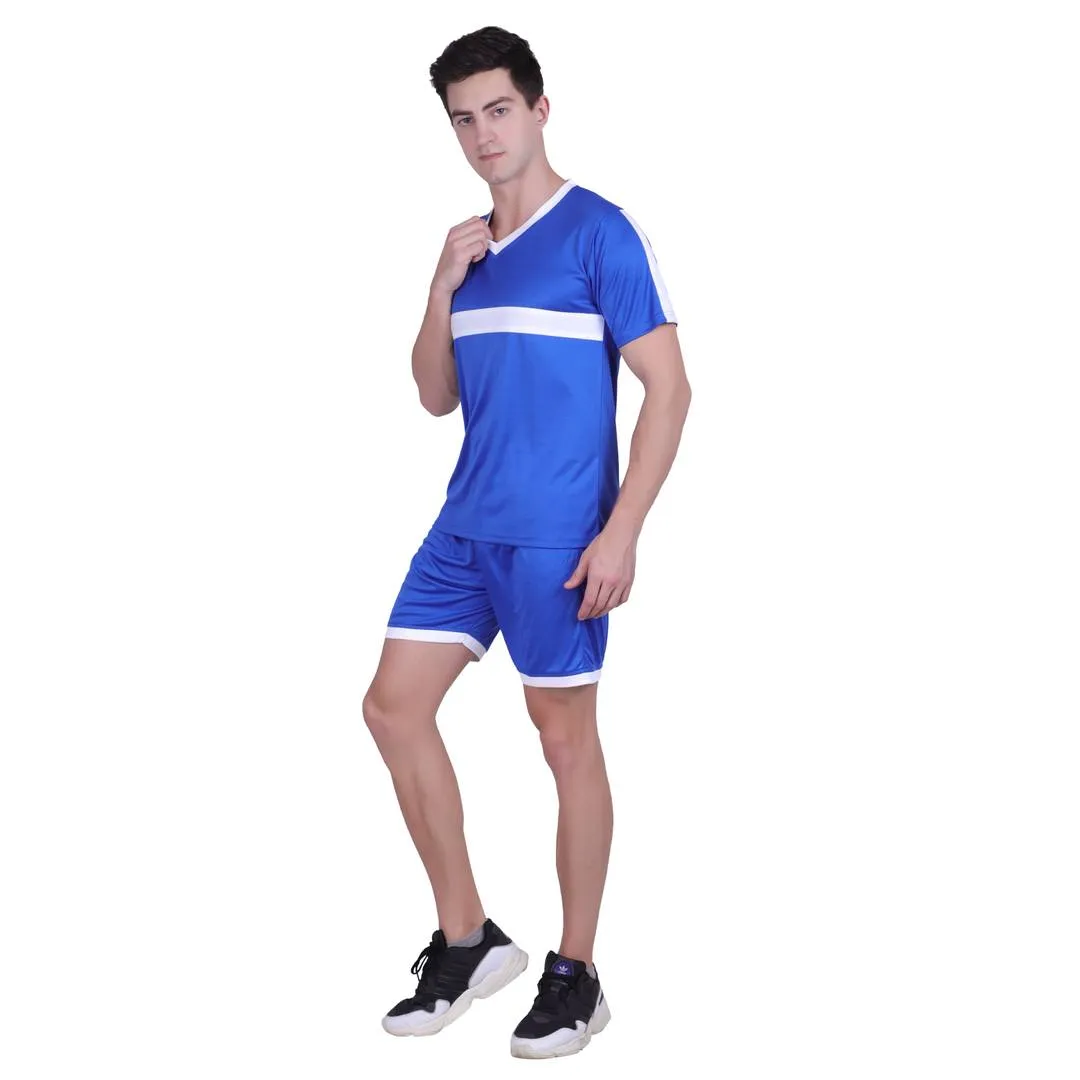 Men Blue Polyester Self Pattern Regular Fit Sports Tees & Shorts