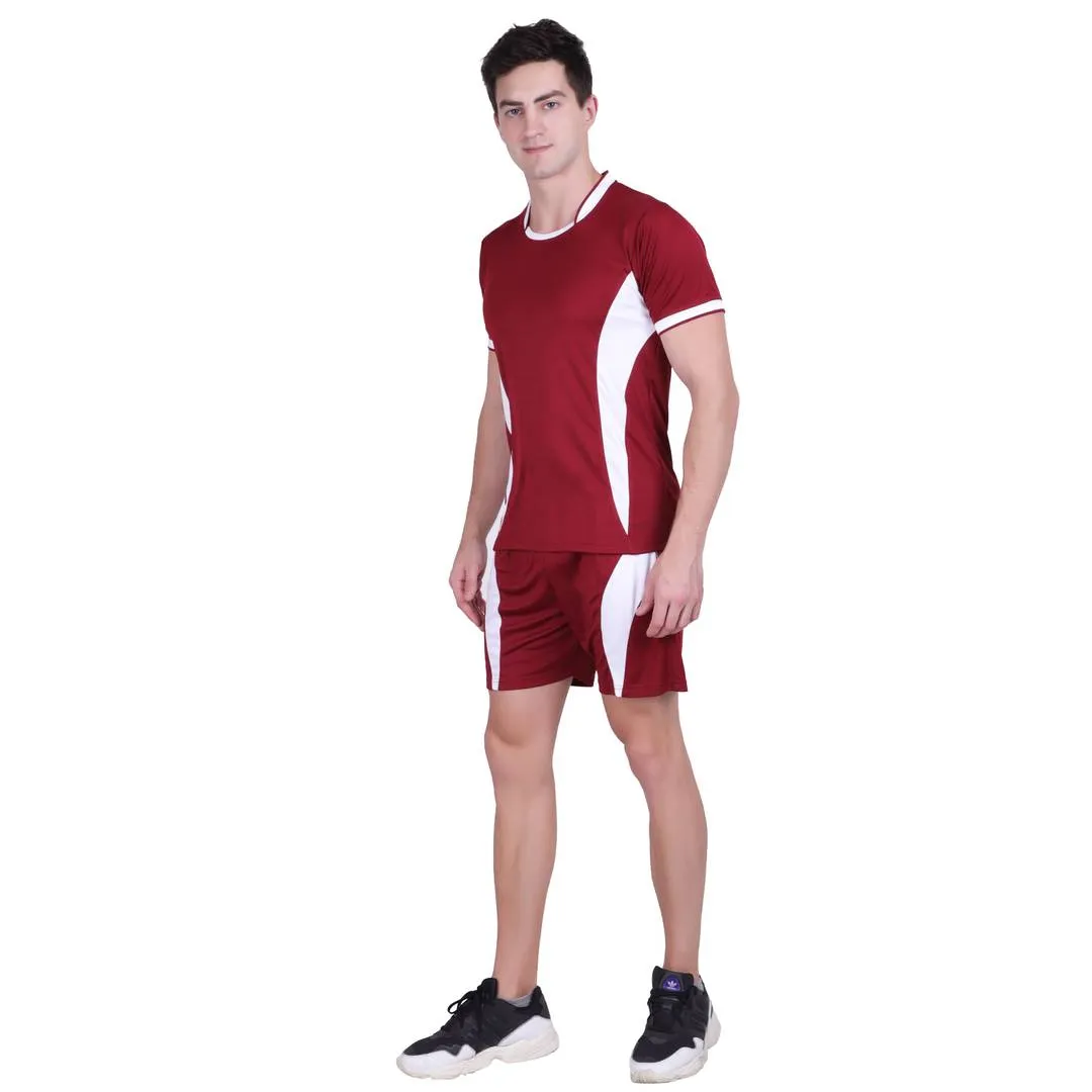 Men Red Polyester Self Pattern Regular Fit Sports Tees & Shorts