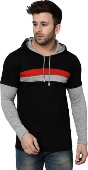 Men's Black Cotton Self Pattern Hooded Tees