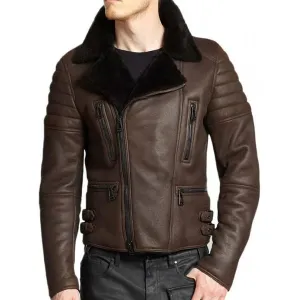 Men's Black Faux Shearling Cafe Bomber Leather Jacket