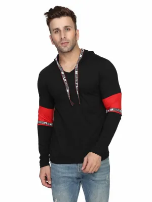 Men's Black Typography Cotton Self Pattern Hooded T-Shirt