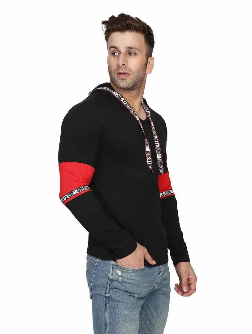 Men's Black Typography Cotton Self Pattern Hooded T-Shirt
