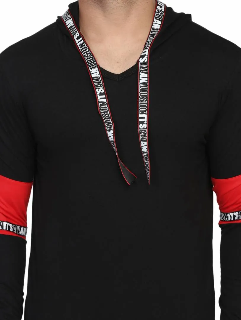 Men's Black Typography Cotton Self Pattern Hooded T-Shirt
