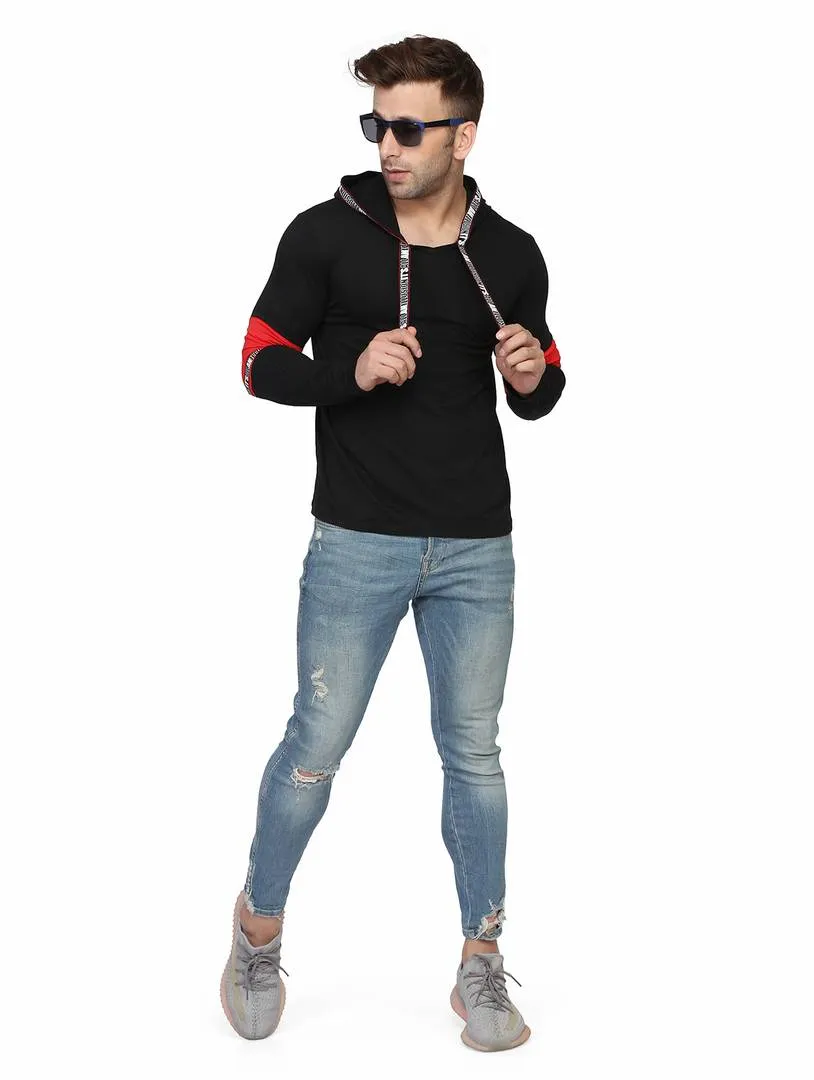 Men's Black Typography Cotton Self Pattern Hooded T-Shirt