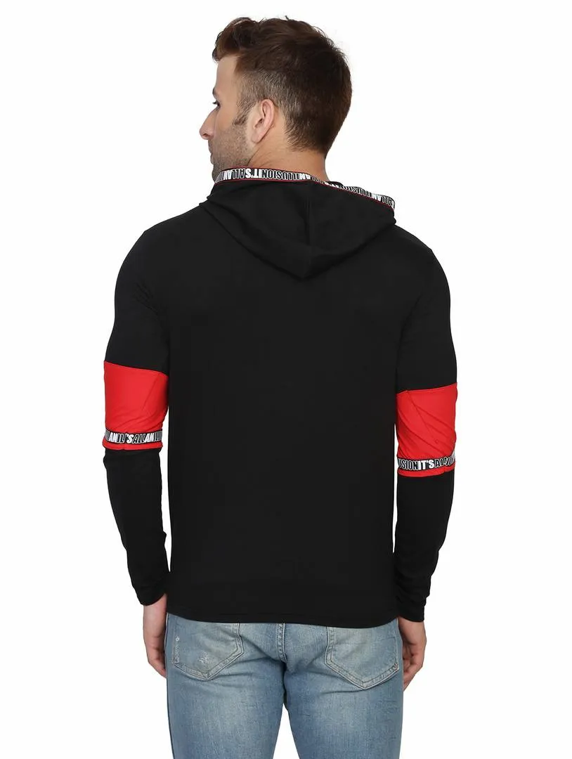 Men's Black Typography Cotton Self Pattern Hooded T-Shirt