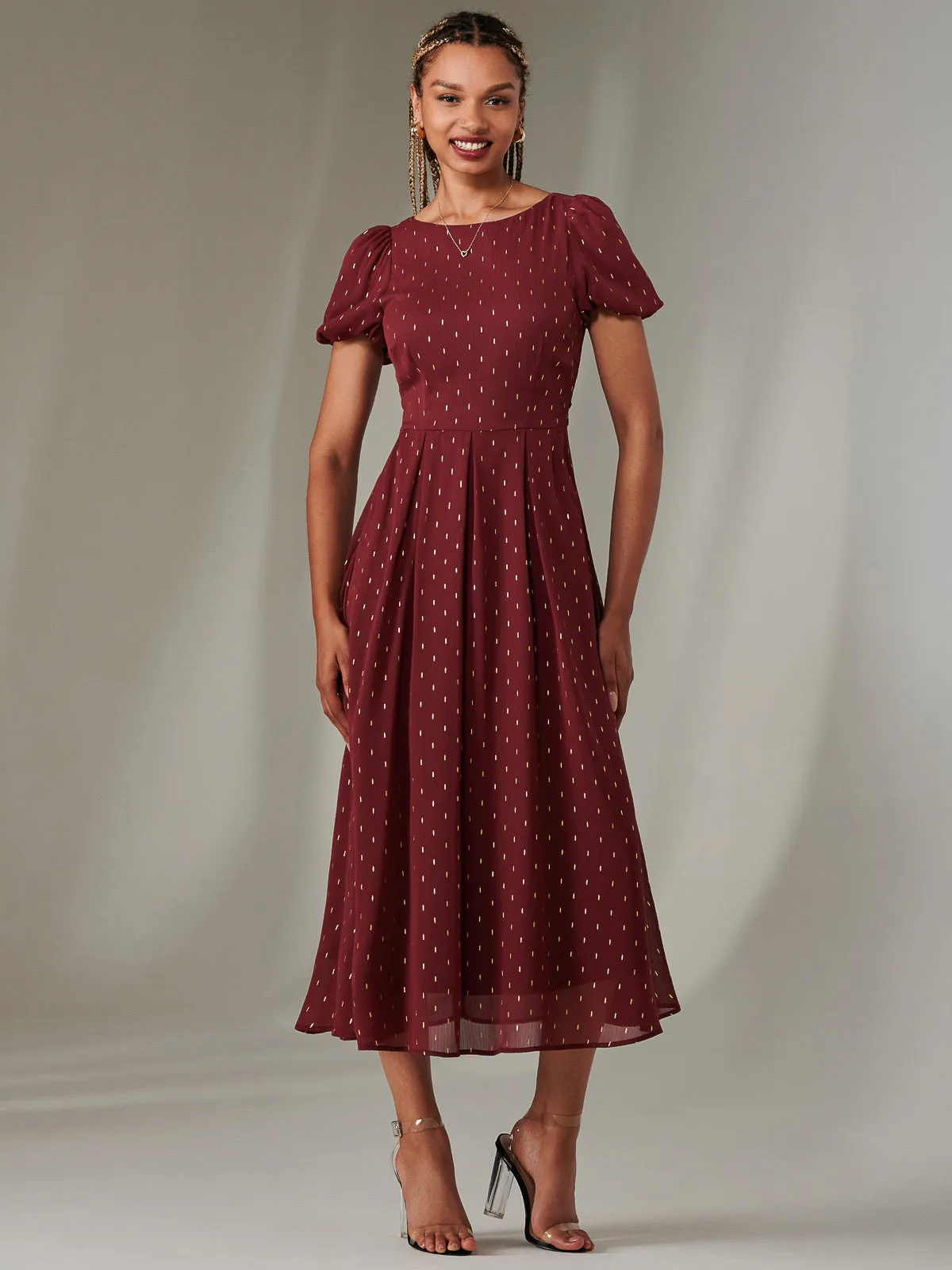 Metallic Spot Chiffon Midimix Dress, Burgundy