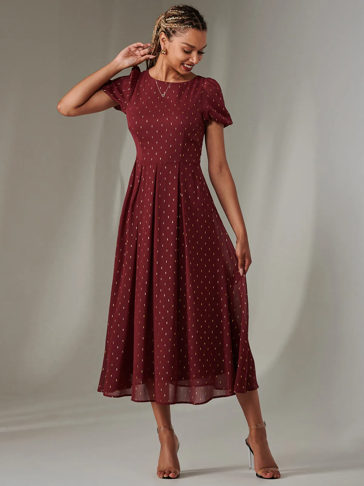 Metallic Spot Chiffon Midimix Dress, Burgundy