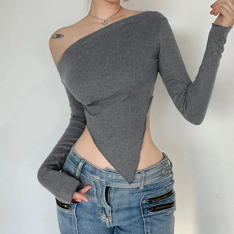 New Sexy Off Shoulder Slim Solid Long Sleeves Asymmetrical Crop Spring Top