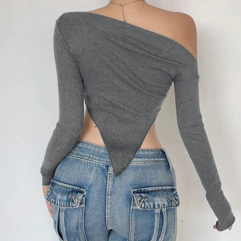 New Sexy Off Shoulder Slim Solid Long Sleeves Asymmetrical Crop Spring Top