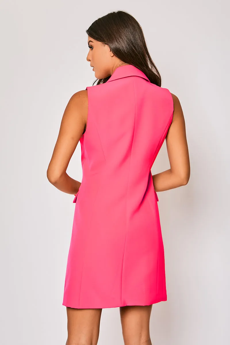 Odette - Hot Pink Sleeveless Gold Button Detailed Blazer Dress