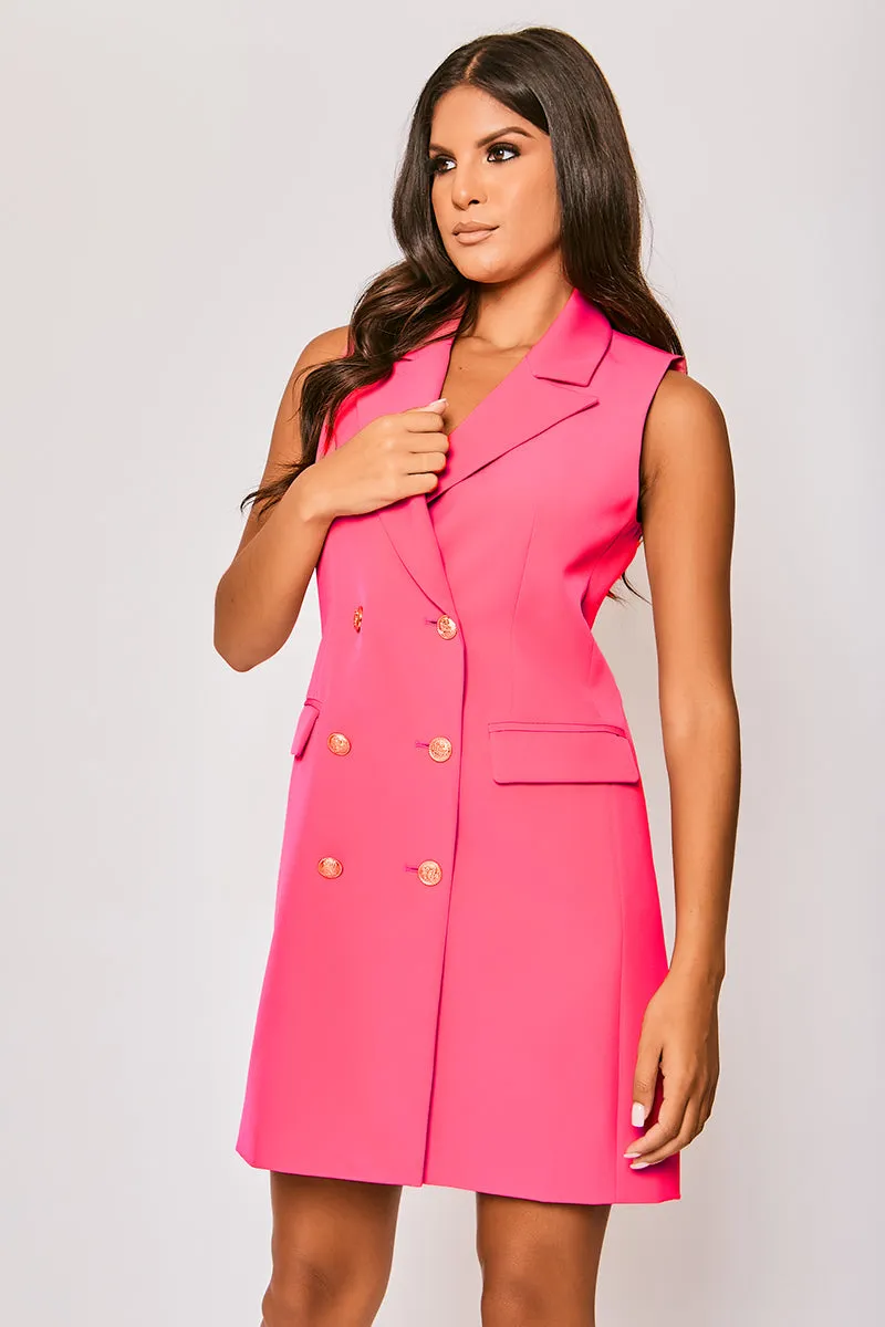 Odette - Hot Pink Sleeveless Gold Button Detailed Blazer Dress