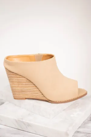Open Up Taupe Brown Wedge Mules