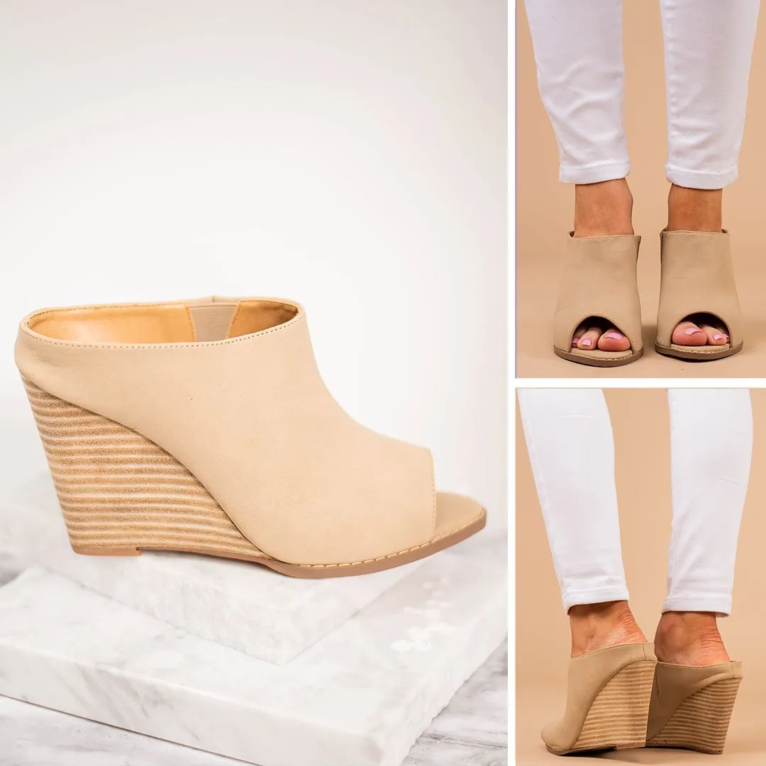 Open Up Taupe Brown Wedge Mules