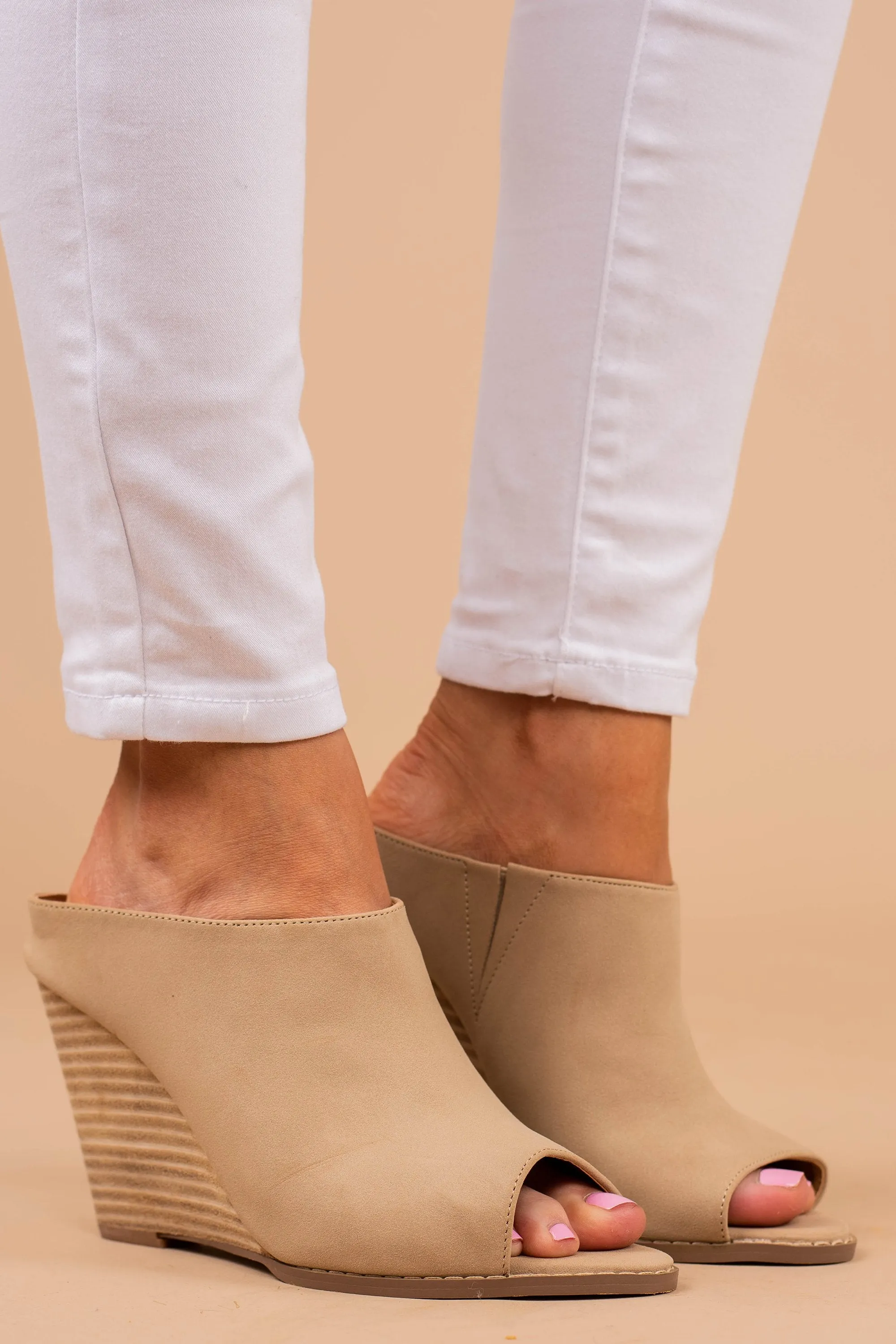 Open Up Taupe Brown Wedge Mules