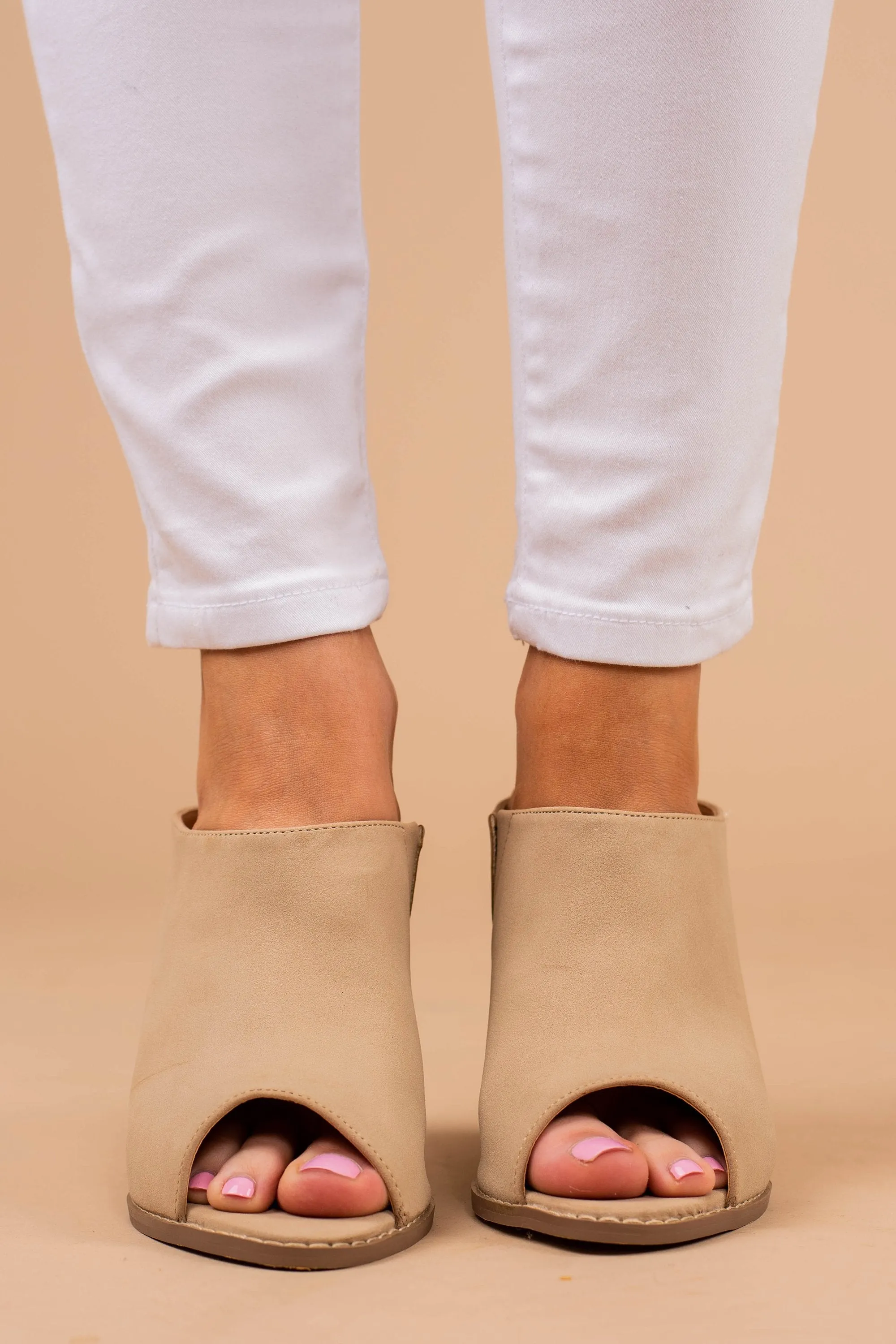 Open Up Taupe Brown Wedge Mules