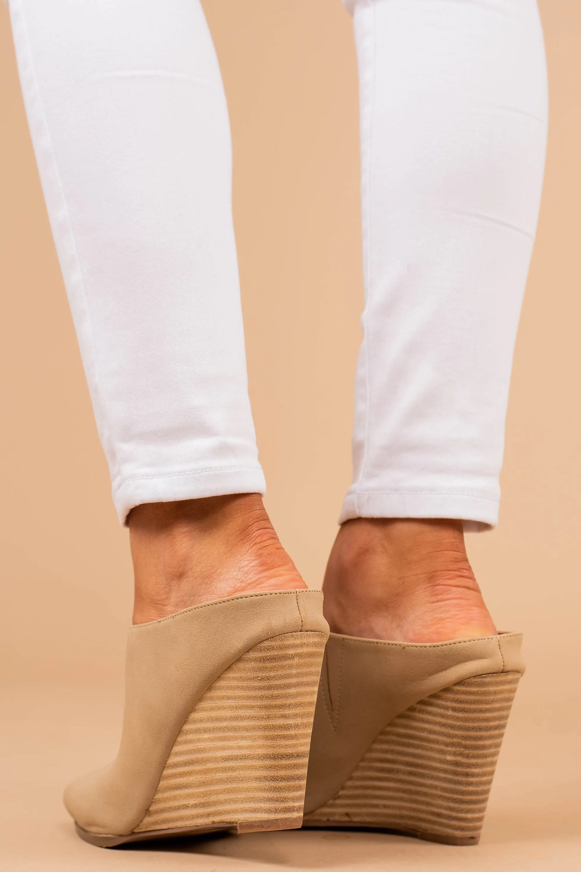 Open Up Taupe Brown Wedge Mules