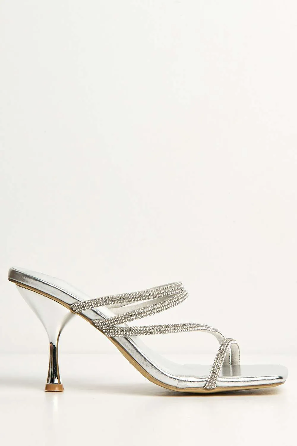 Osia Diamante Embellished Square Toe Heeled Mules in Silver