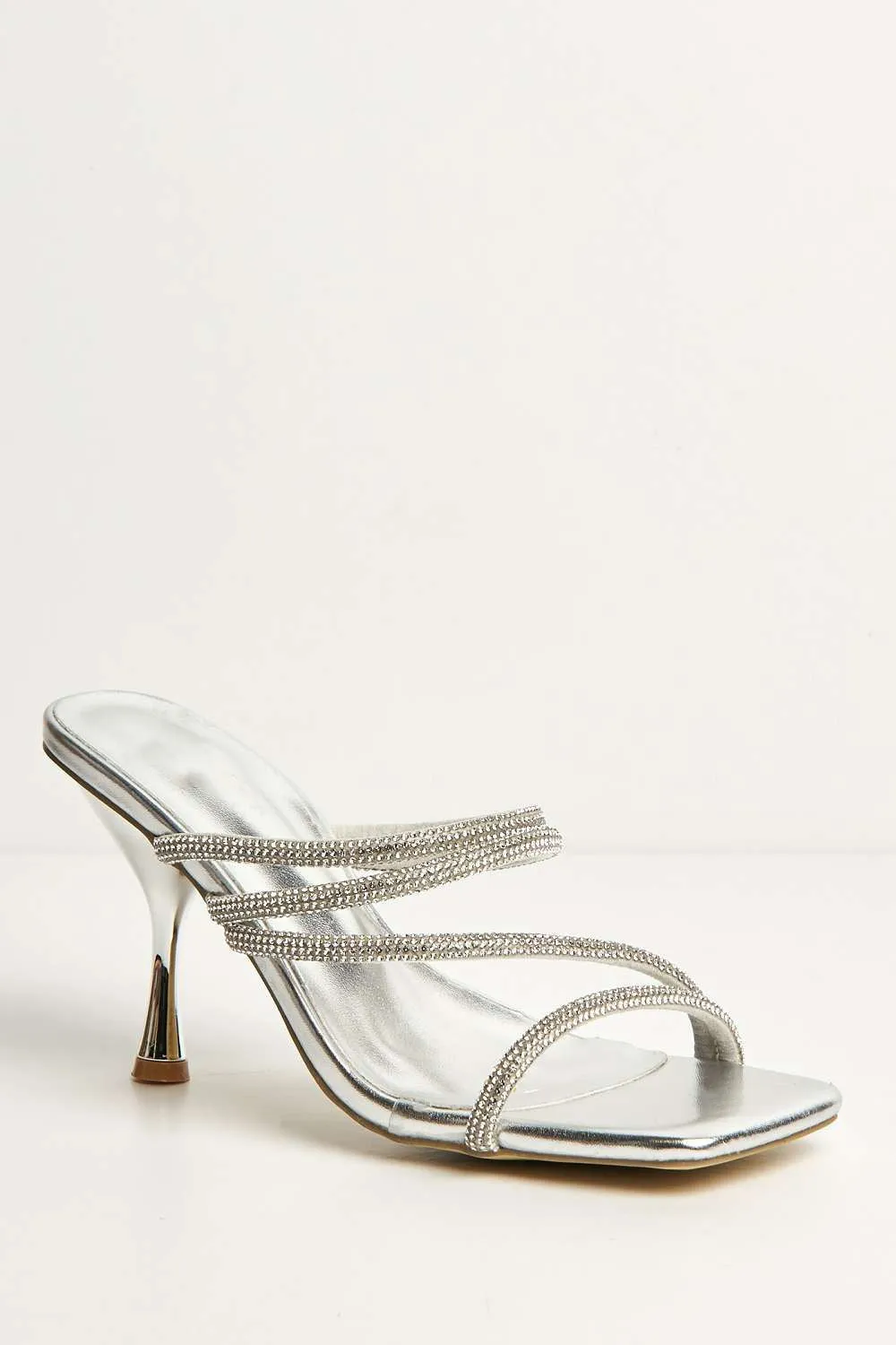 Osia Diamante Embellished Square Toe Heeled Mules in Silver