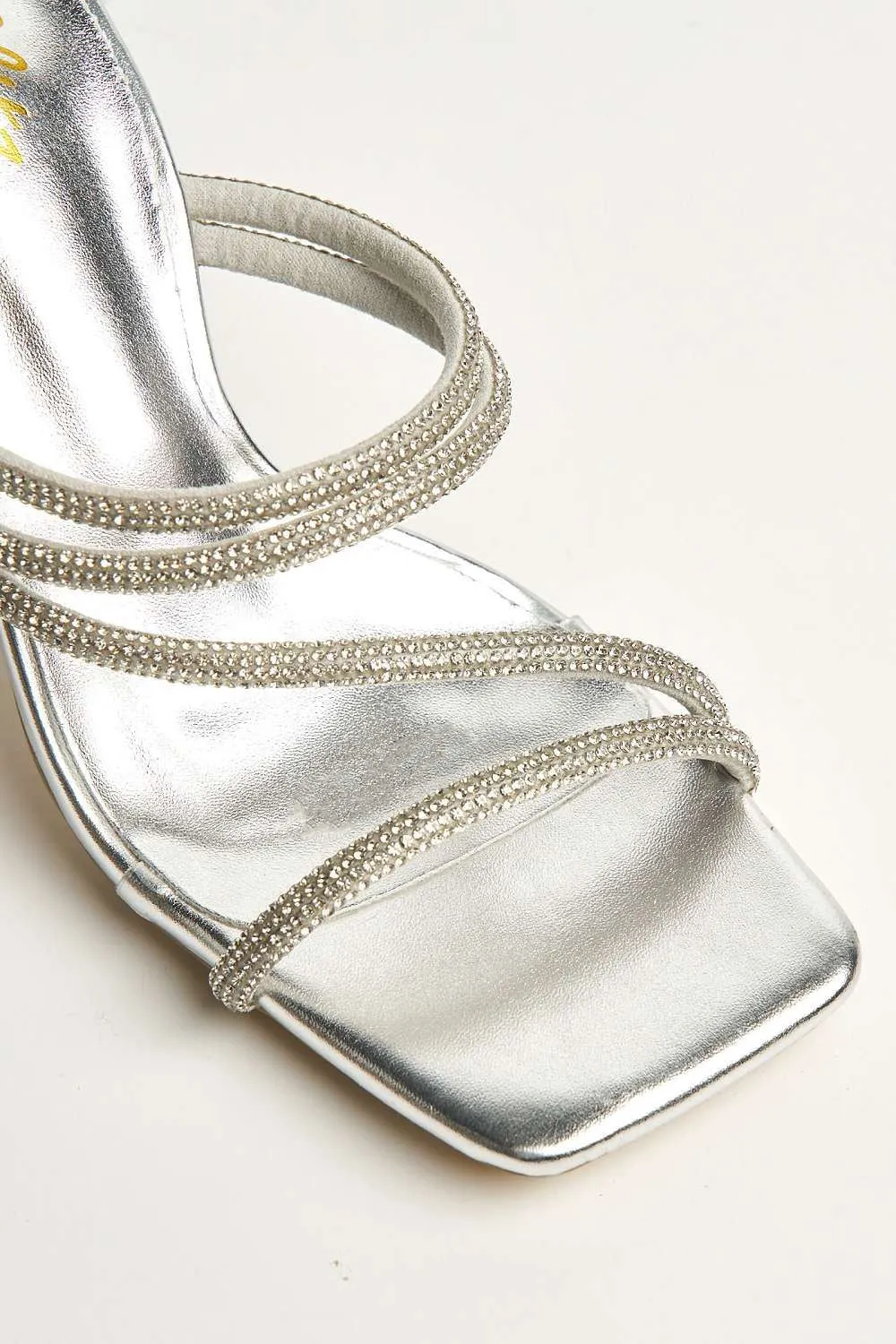 Osia Diamante Embellished Square Toe Heeled Mules in Silver
