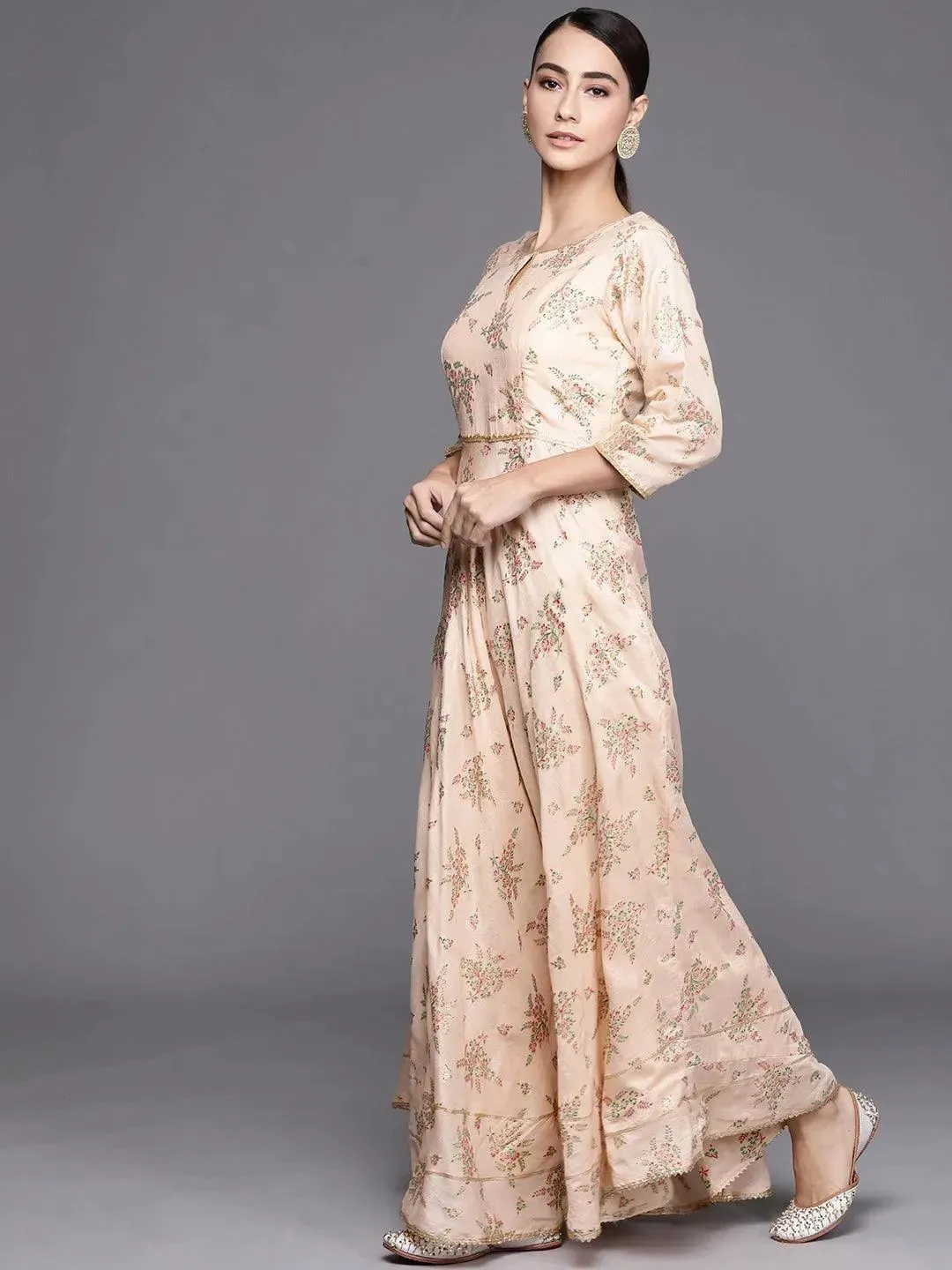 Peach Printed Silk Blend Dress With Dupatta