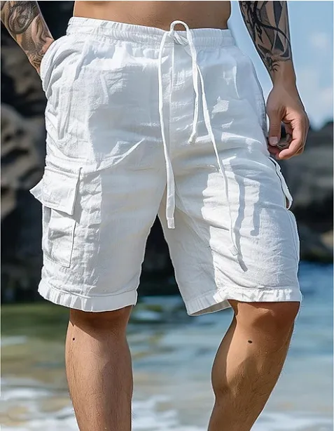 Plain Multi Pockets Linen Knee Length Shorts