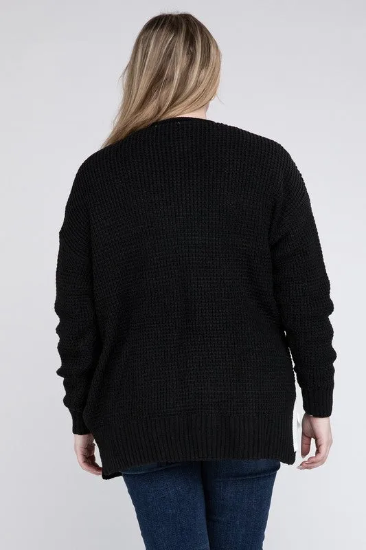 Plus Low Gauge Waffle Open Cardigan Sweater