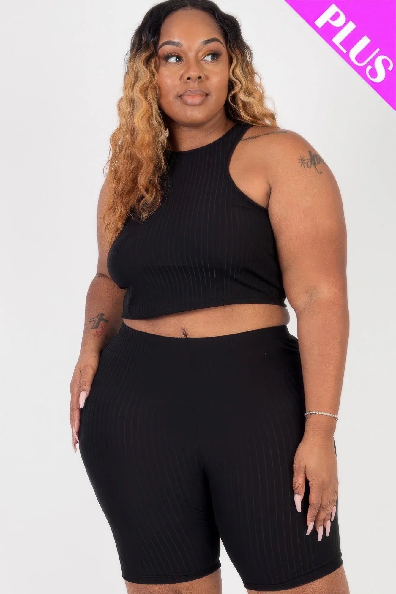 Plus Size Ribbed Cropped Tank Top And Biker Shorts Set