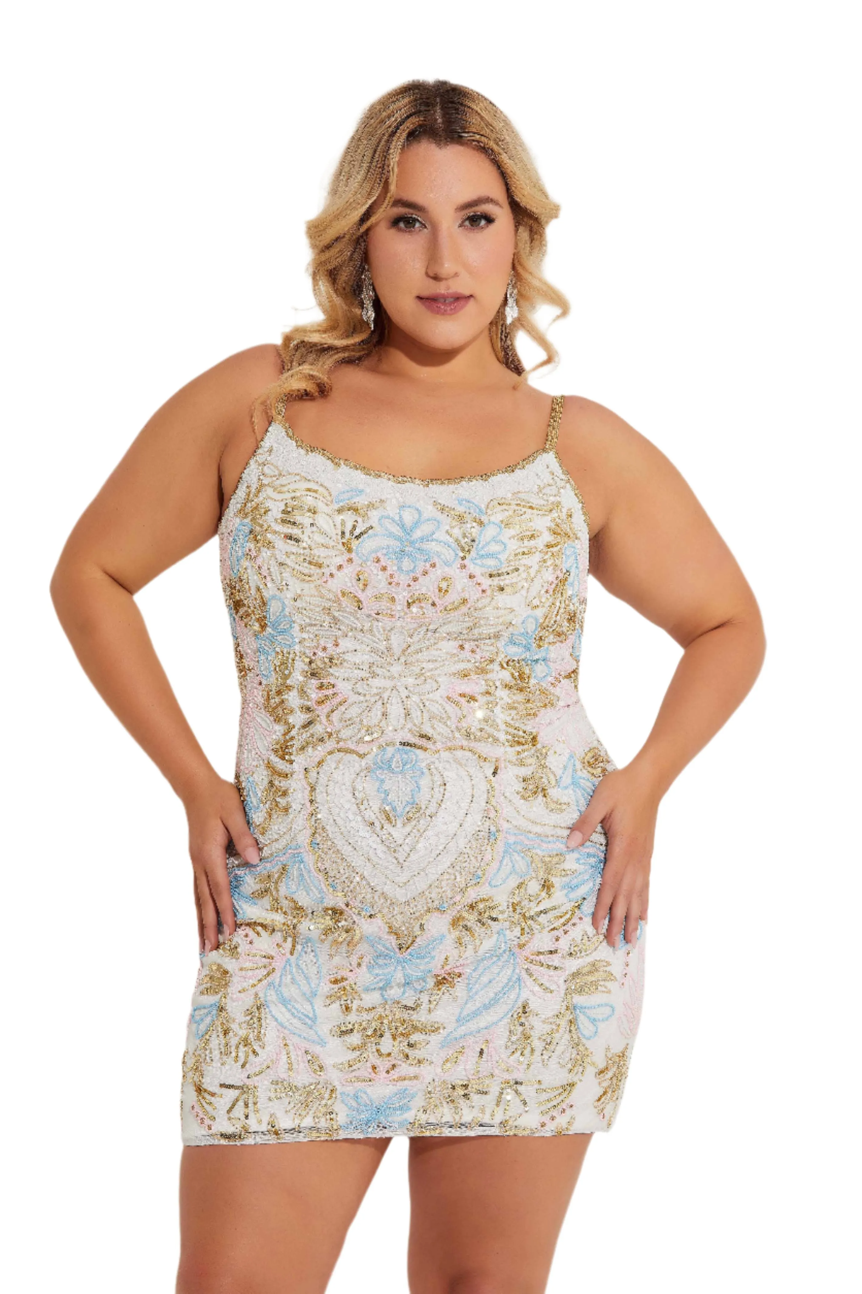Primavera Curvy 14064 Short Plus Size Homecoming Dress Beaded Corset Scoop Neck Gown