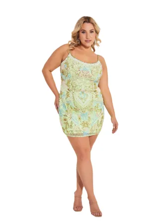 Primavera Curvy 14064 Short Plus Size Homecoming Dress Beaded Corset Scoop Neck Gown