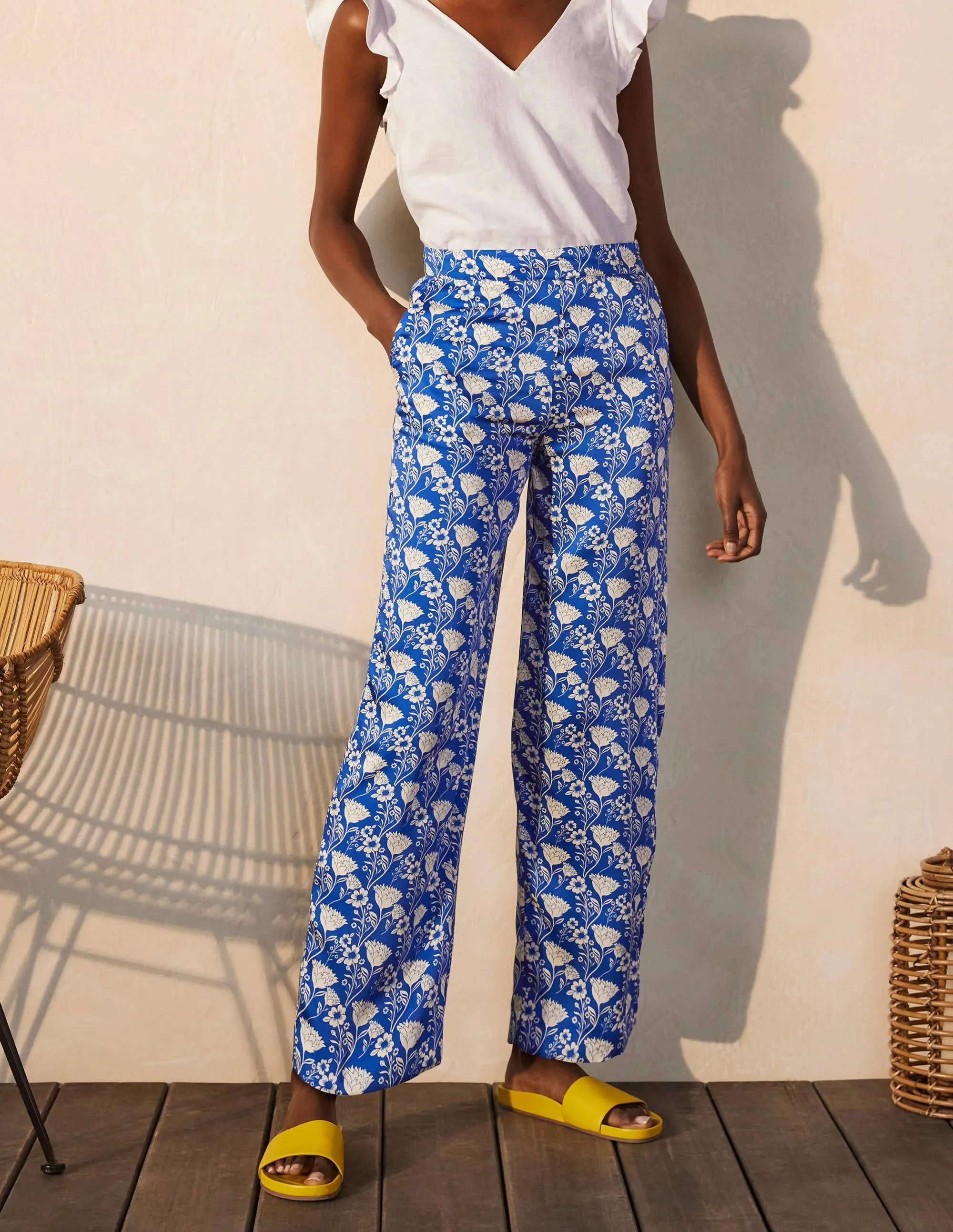 Printed Twill Trousers-Blue Wave, Lotus Vine