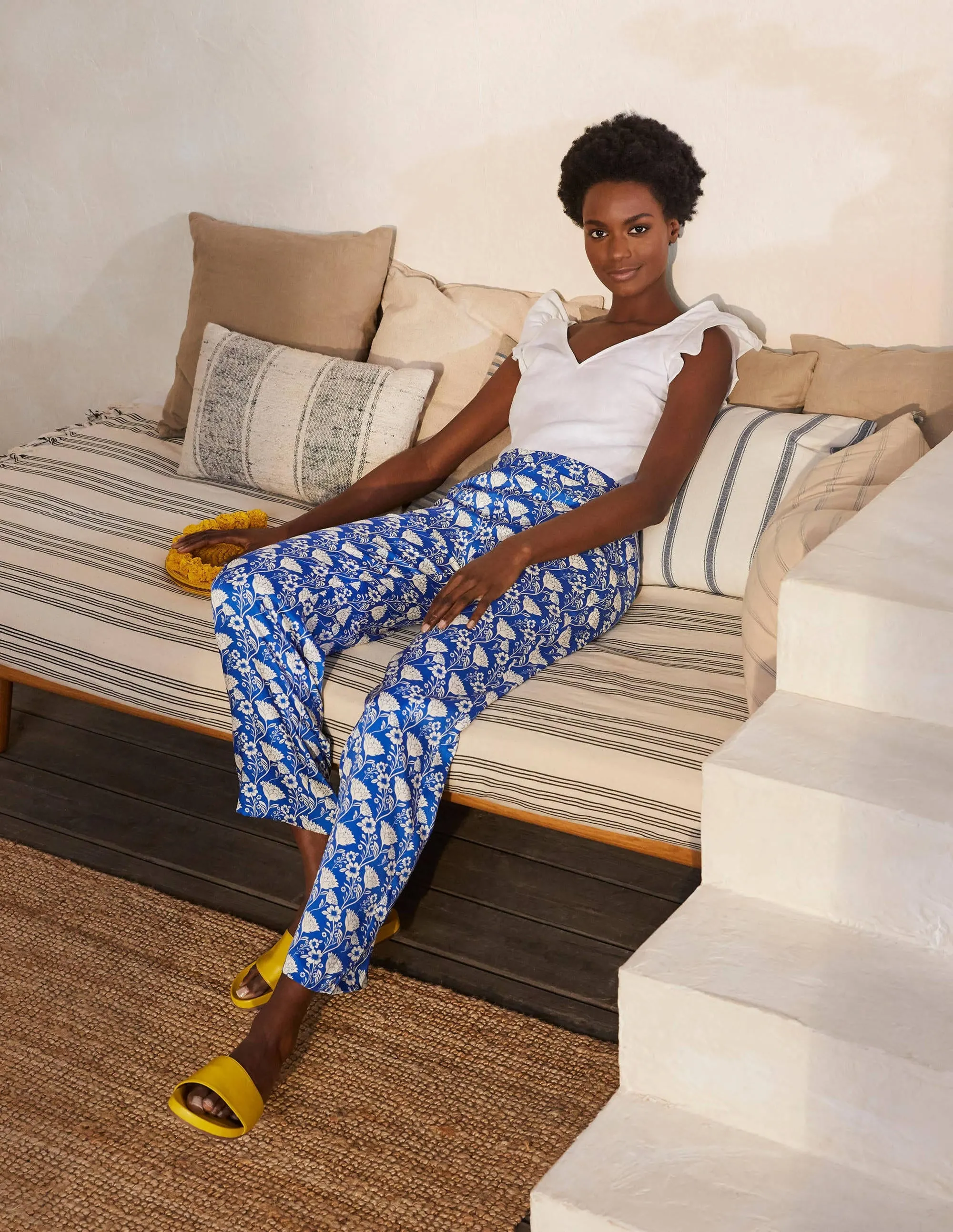 Printed Twill Trousers-Blue Wave, Lotus Vine