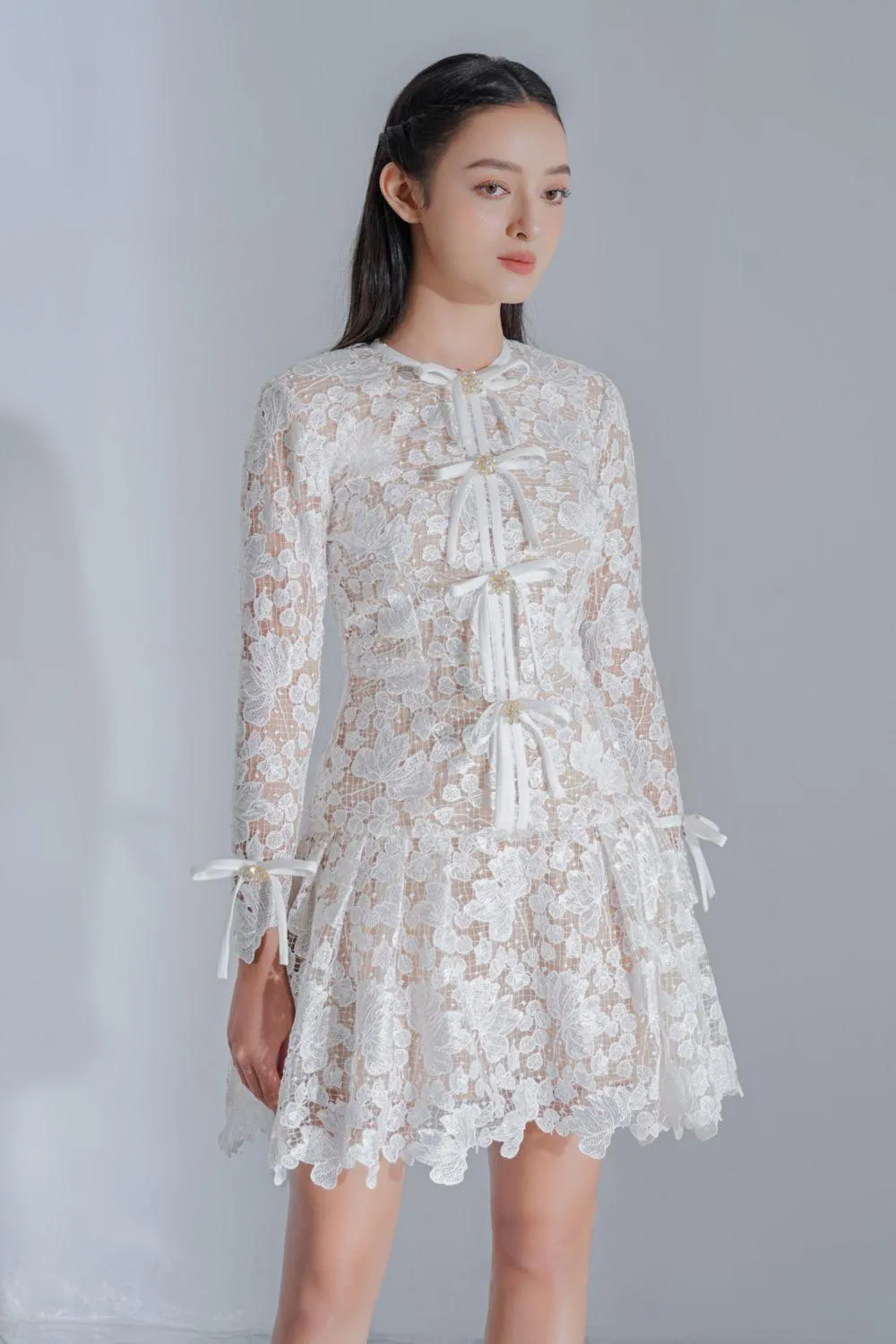 Quinnley Drop Waist Round Neck Lace Mini Dress