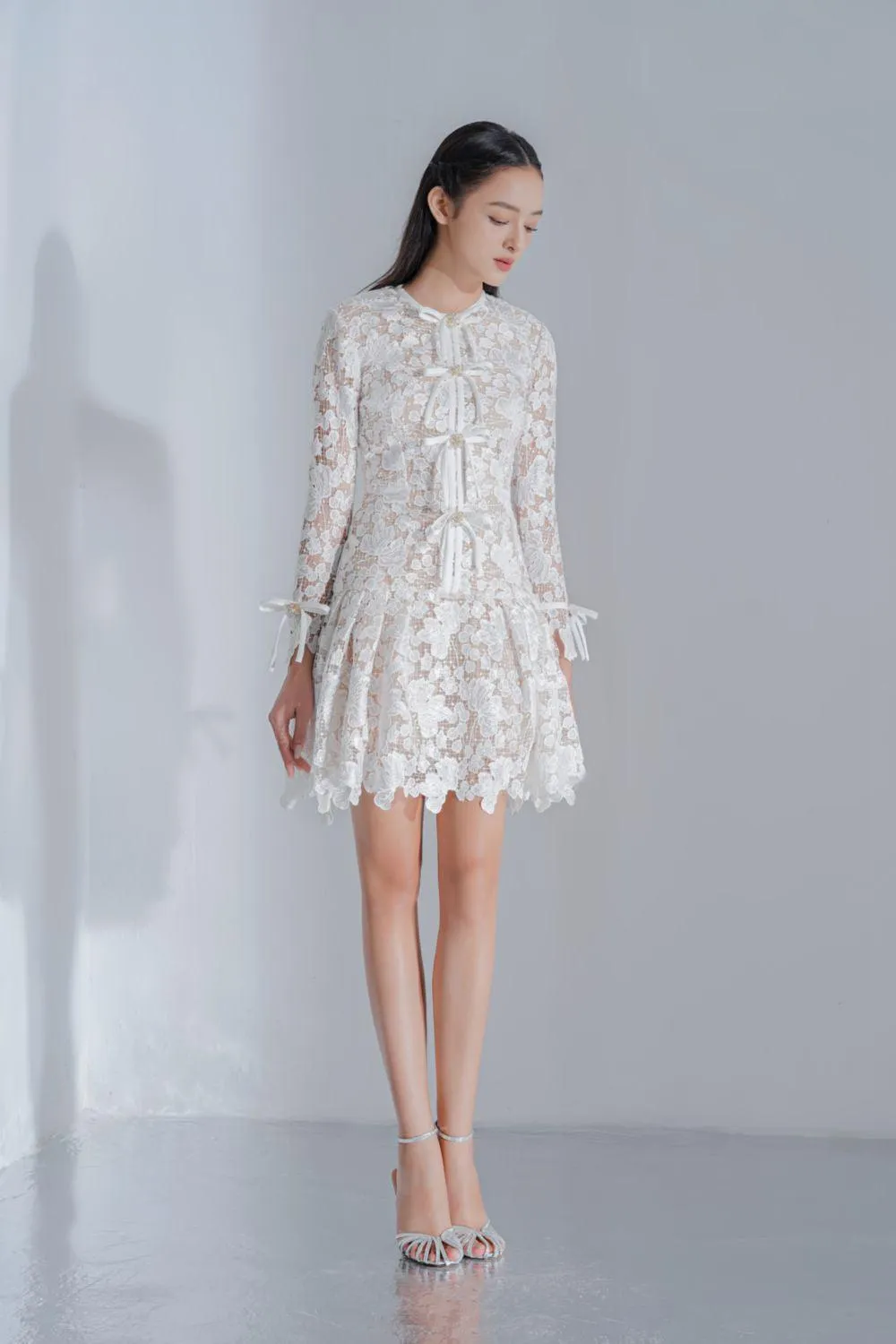 Quinnley Drop Waist Round Neck Lace Mini Dress