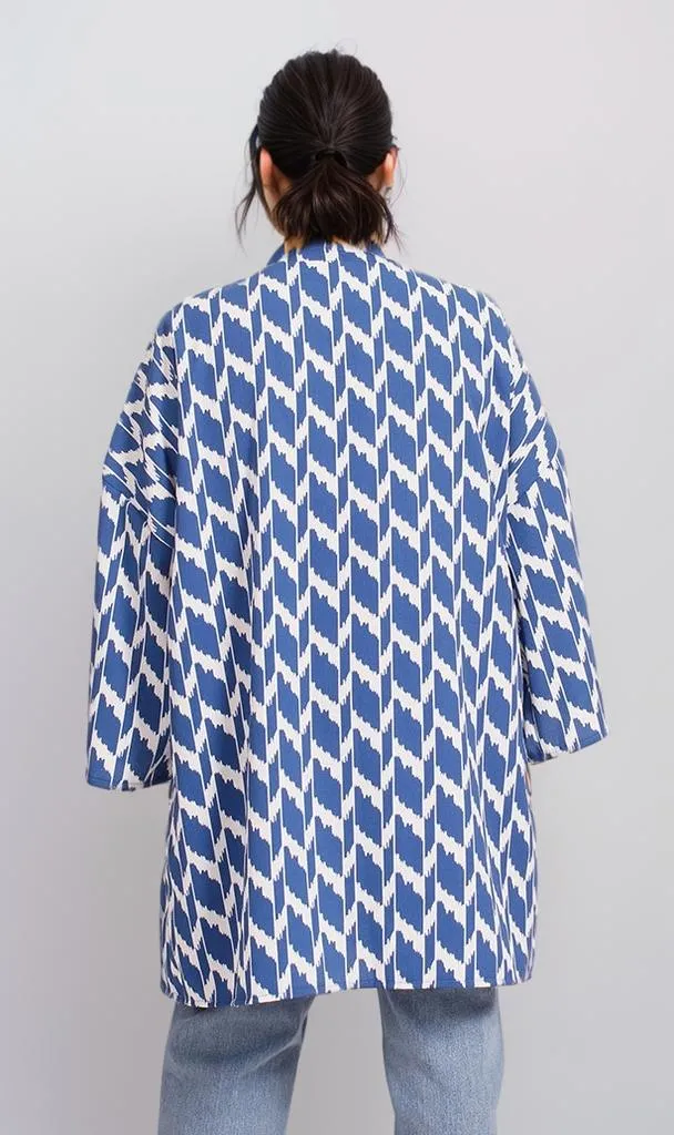 R207951 - Printed Crepe Chiffon Kimono - Blue & White