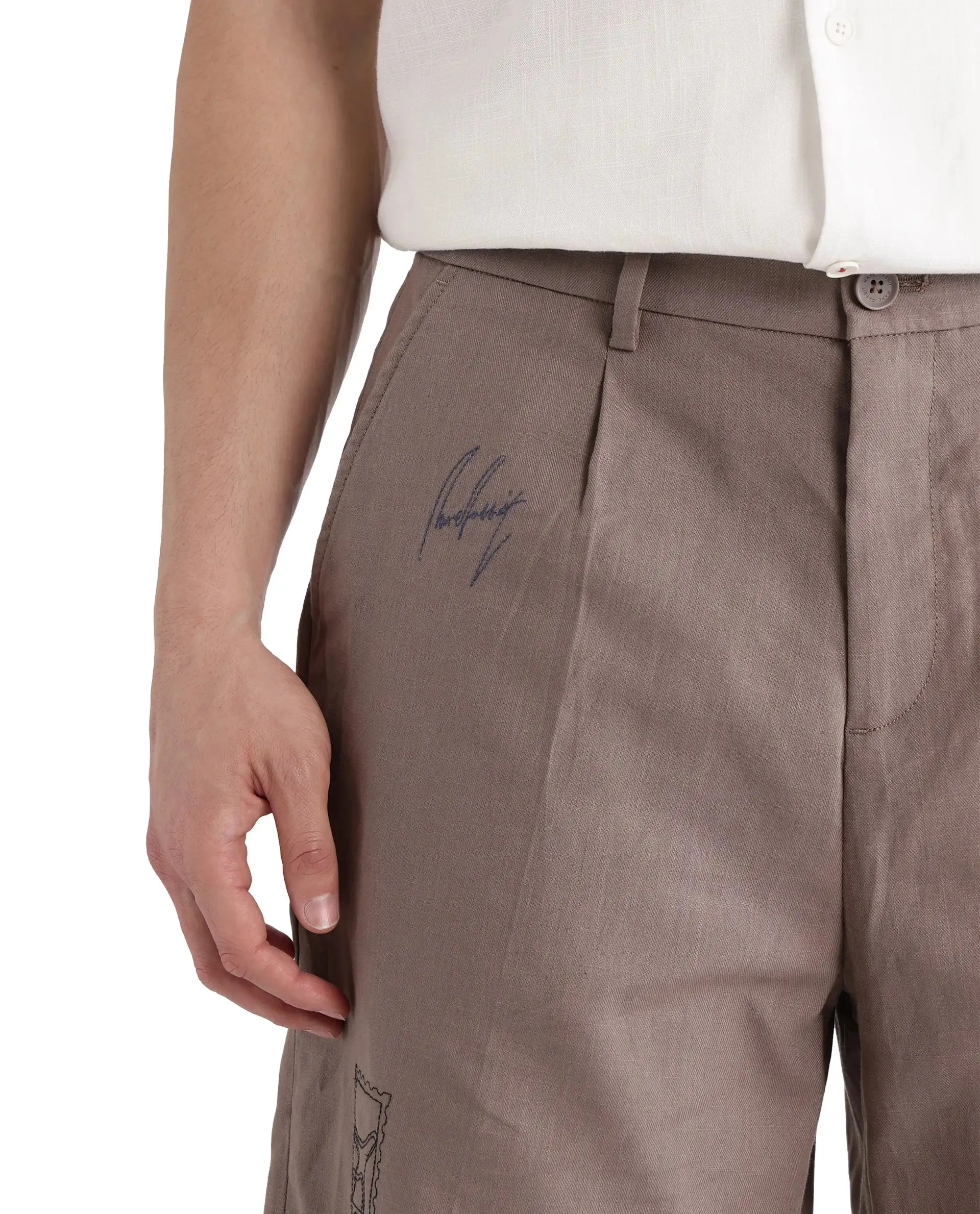 Rare Rabbit Men's Jarny-B Light Brown Button Closure Regular Fit Embroidered Shorts