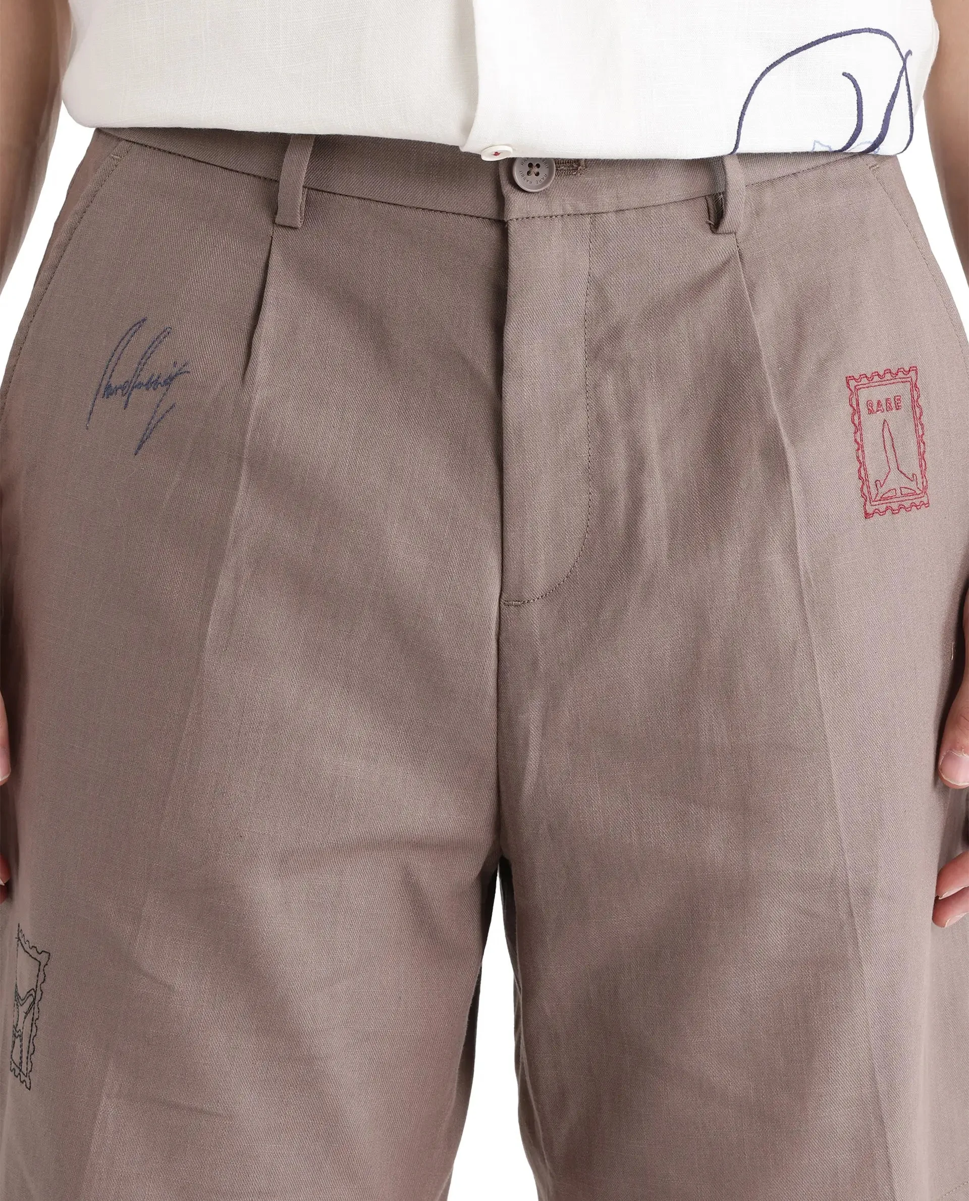Rare Rabbit Men's Jarny-B Light Brown Button Closure Regular Fit Embroidered Shorts