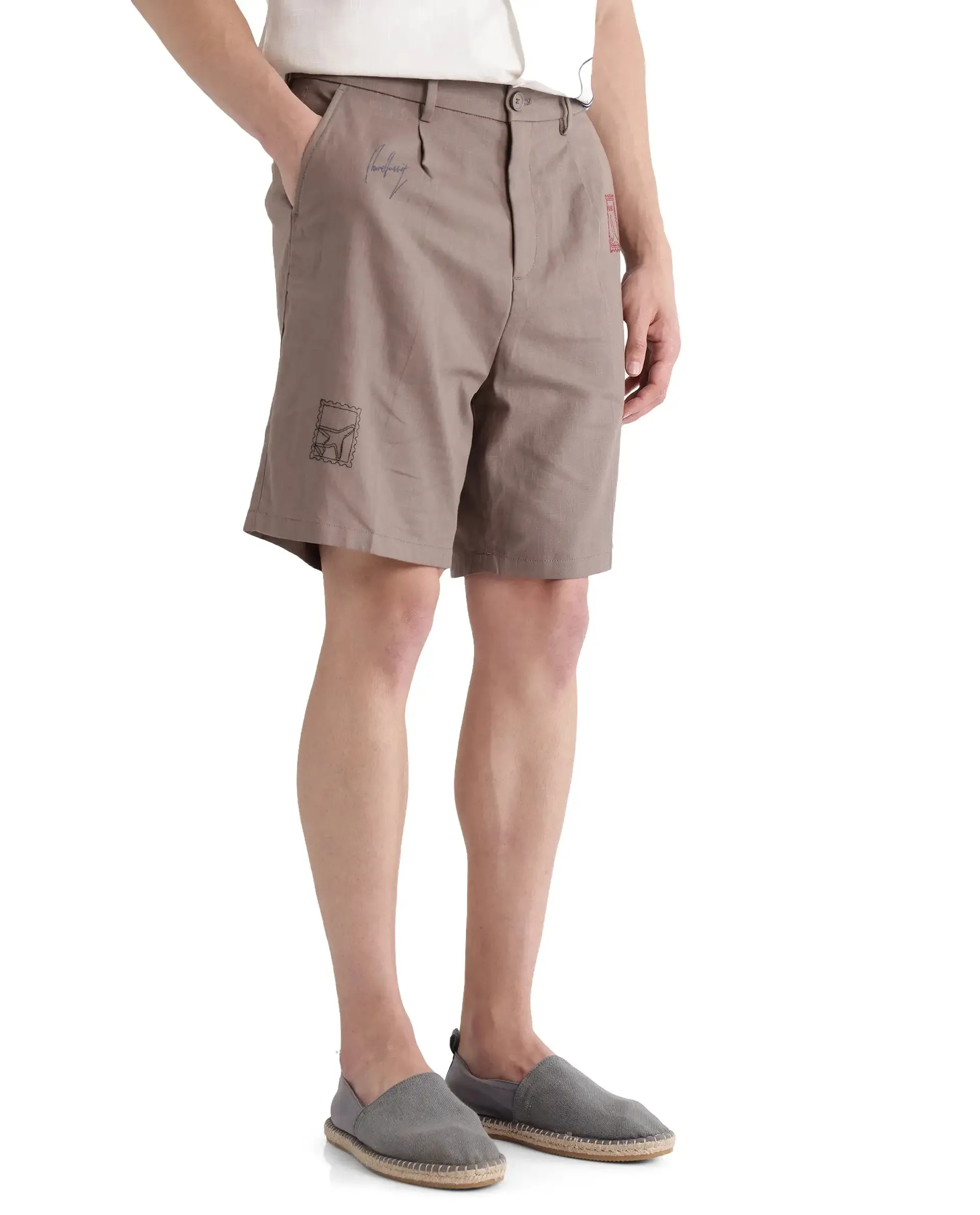 Rare Rabbit Men's Jarny-B Light Brown Button Closure Regular Fit Embroidered Shorts