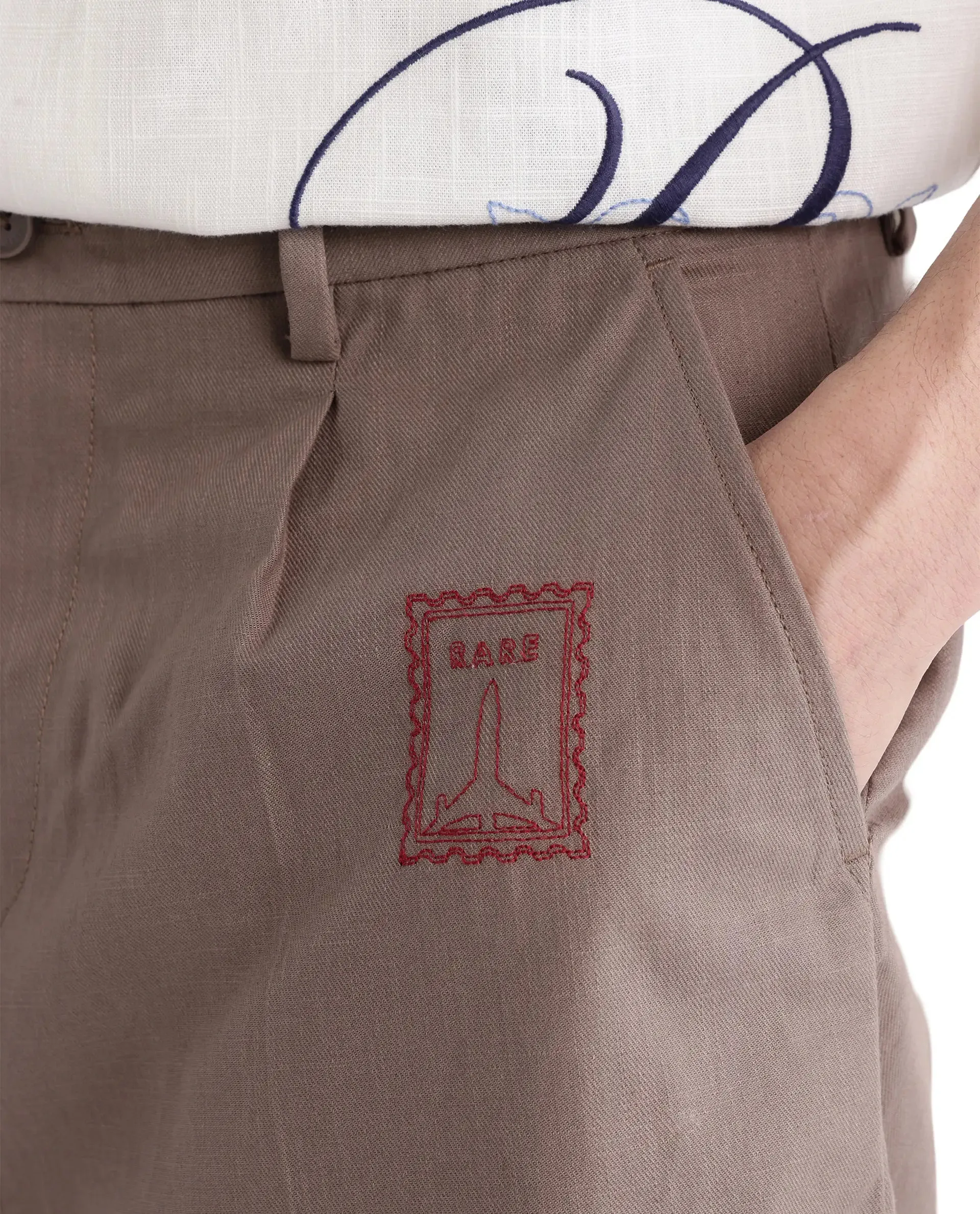 Rare Rabbit Men's Jarny-B Light Brown Button Closure Regular Fit Embroidered Shorts