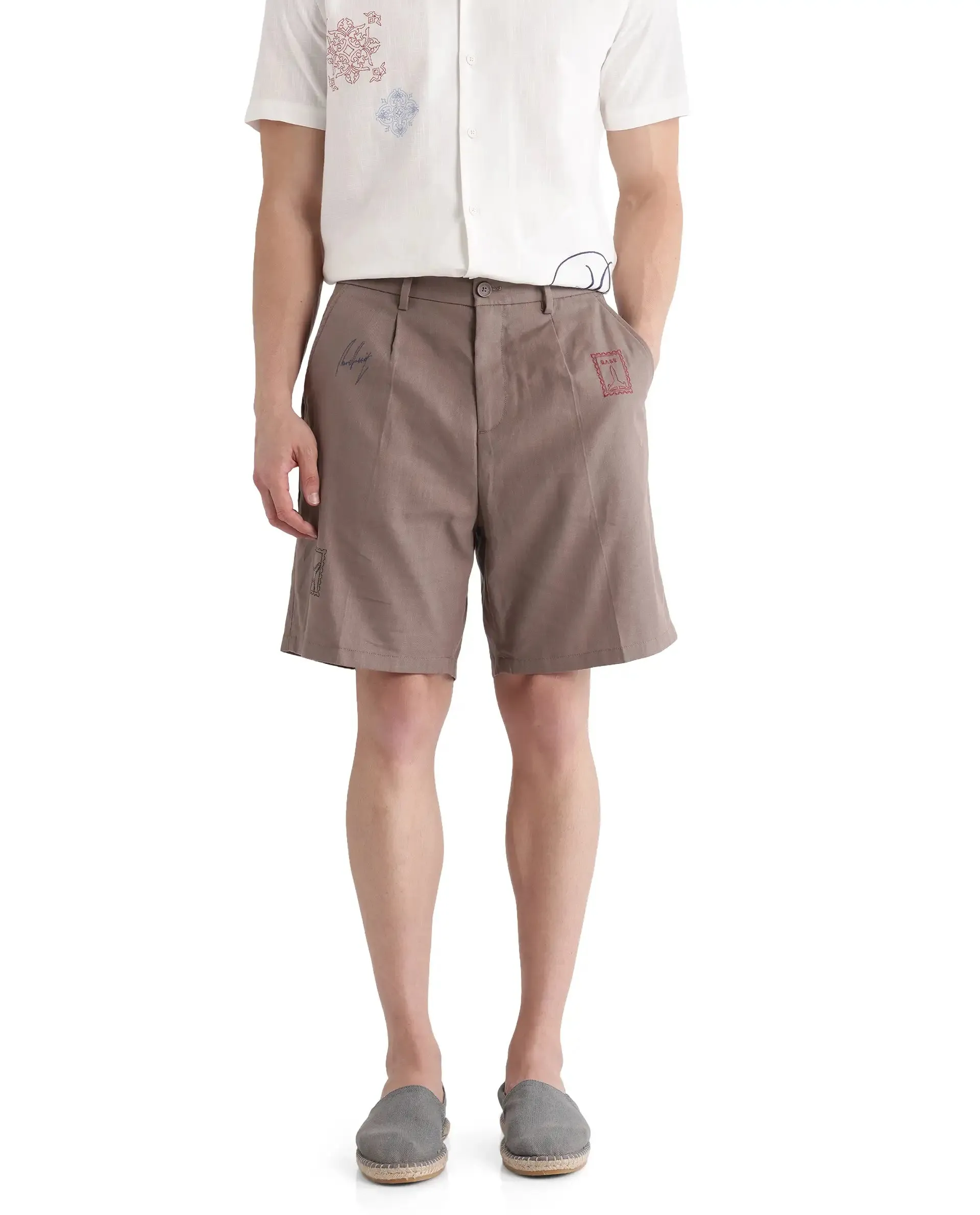 Rare Rabbit Men's Jarny-B Light Brown Button Closure Regular Fit Embroidered Shorts