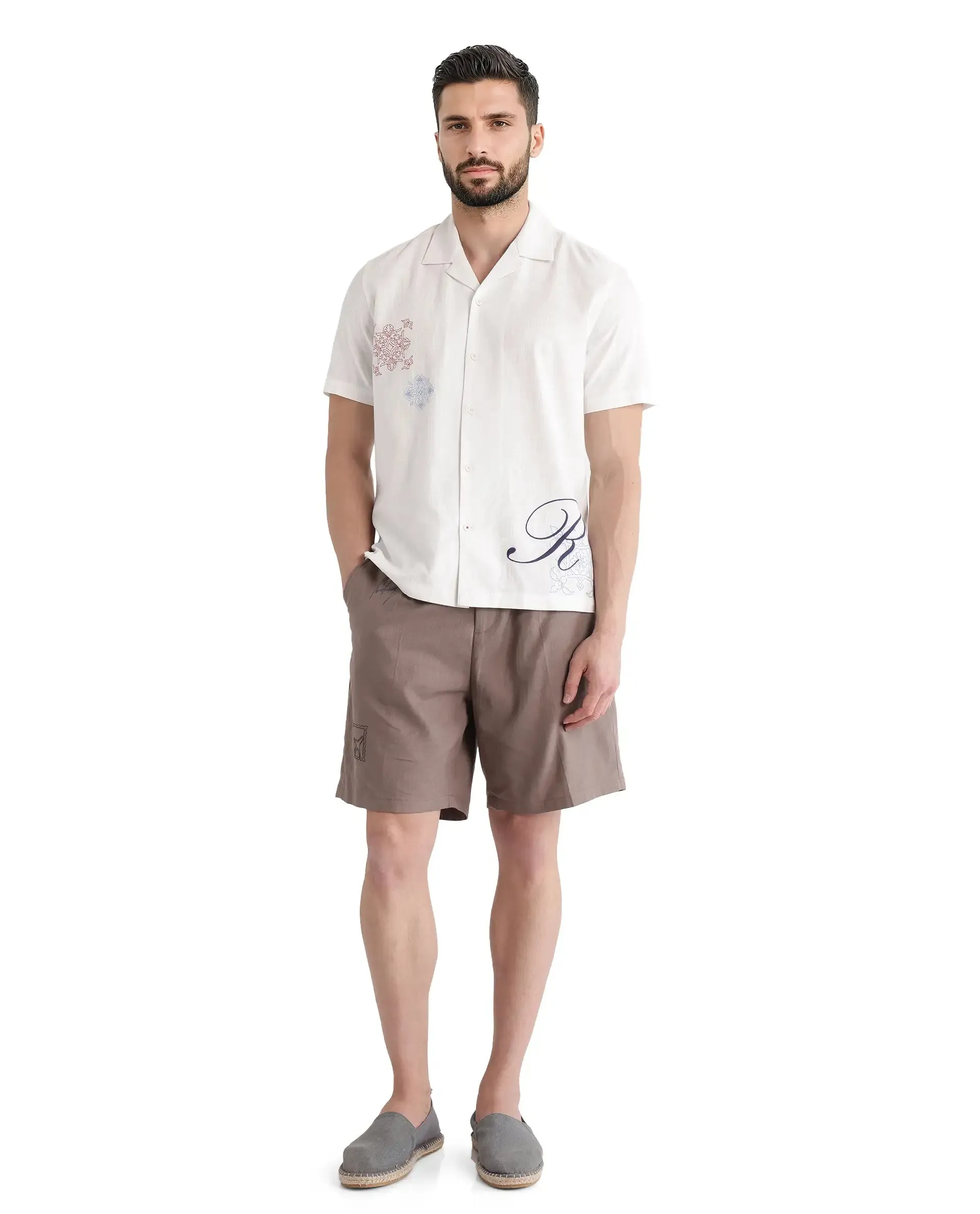 Rare Rabbit Men's Jarny-B Light Brown Button Closure Regular Fit Embroidered Shorts