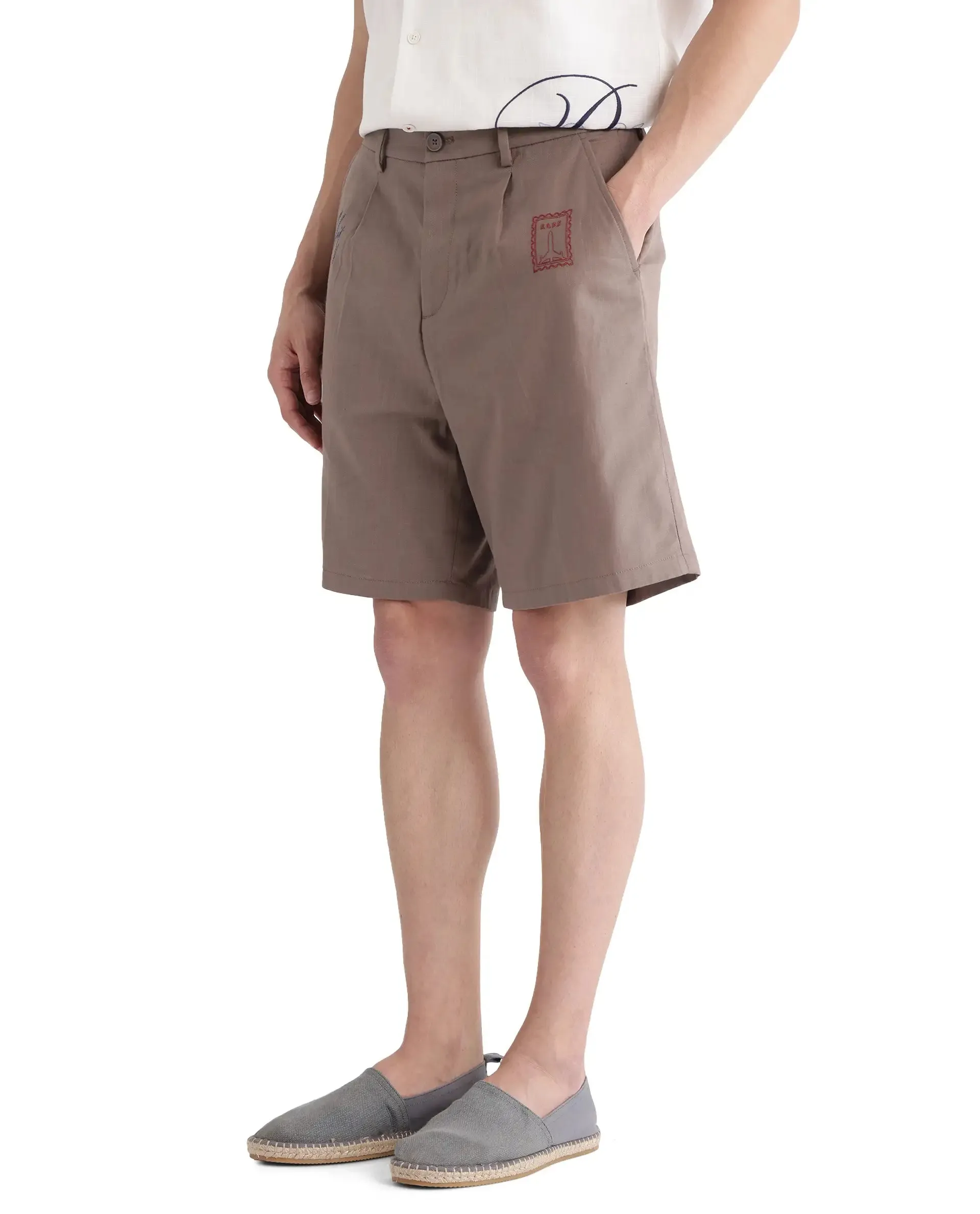 Rare Rabbit Men's Jarny-B Light Brown Button Closure Regular Fit Embroidered Shorts