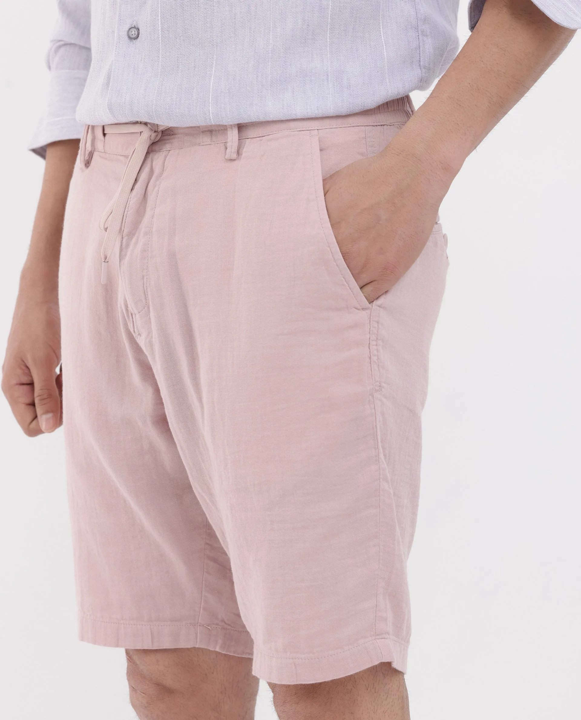Rare Rabbit Men's Pinto Light Pink Cotton Fabric Drawstring Mid Rise Shorts