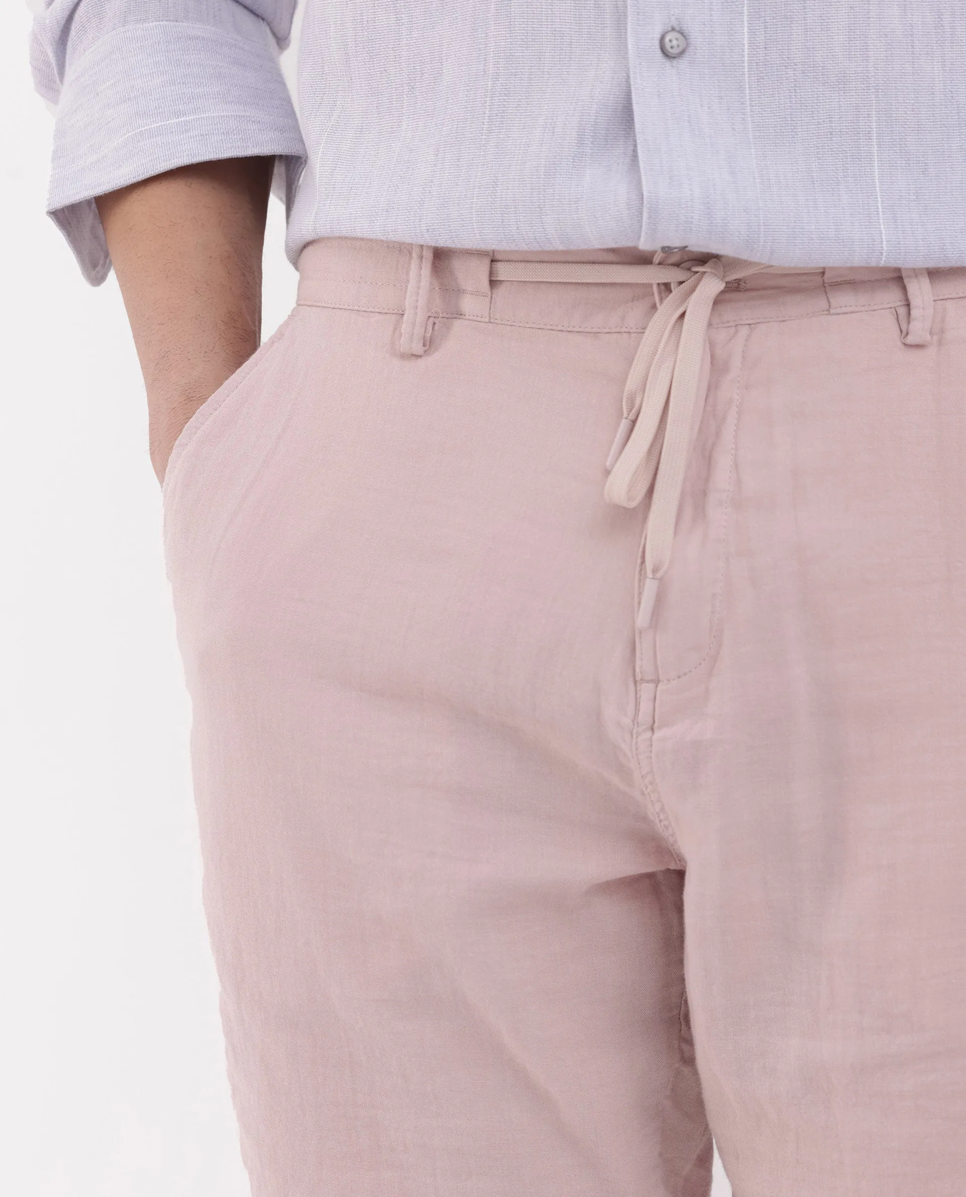 Rare Rabbit Men's Pinto Light Pink Cotton Fabric Drawstring Mid Rise Shorts